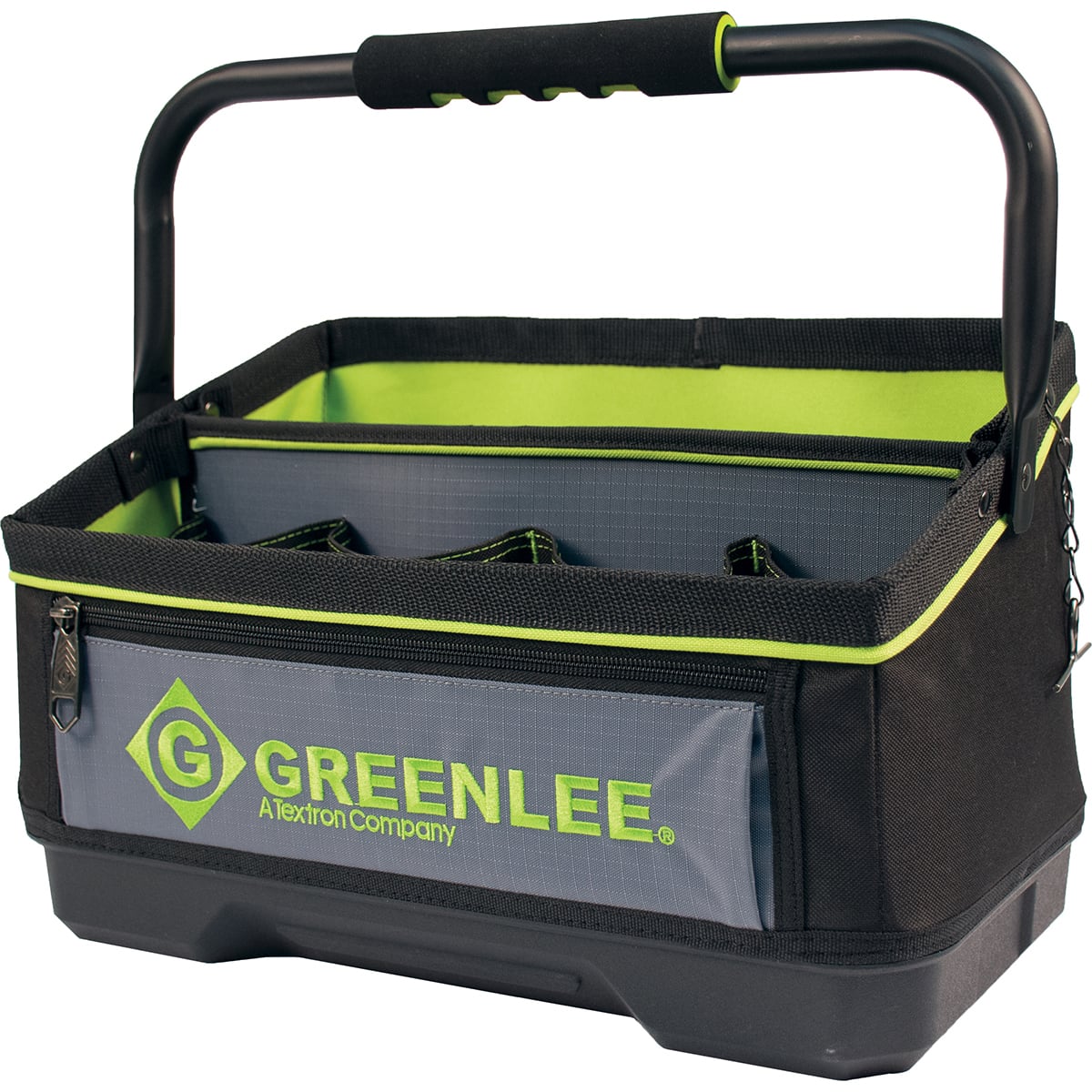 Poly & Nylon Ripstop construction makes for a durable lightweight bag.  ABS waterproof plastic bottom keeps tools and bag protected from the elements.  Green interior for high tool visibility.  Steel formed swing handle with foam molded grip swings out of the way to access your tools easily.  High visibility reflective piping helps locate your tool bag in dark work spaces.  19 universal double stitched pockets for ultimate tool storage & organization.