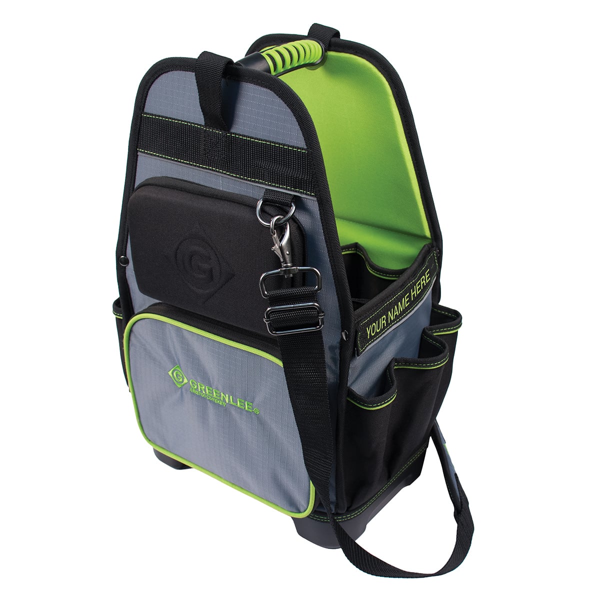 Personalized name plate to customize your bag.  Poly & Nylon Ripstop construction, makes for a durable lightweight bag.  ABS waterproof plastic bottom, keeps tools and bag protected from the elements.  Green interior for high tool visibility.  High visibility reflective piping helps locate your tool bag in dark work spaces.  Lightweight rigid PE structure gives solid support and protection.  Removable adjustable reinforced shoulder strap makes carrying your tools easier.  ABS plastic molded handle has center alignment for balanced carrying.  32 universal double stitched pockets for ultimate tool storage and organization.  Thermoformed molded safety pocket keeps safety glasses and other small valuables safe on the jobsite.