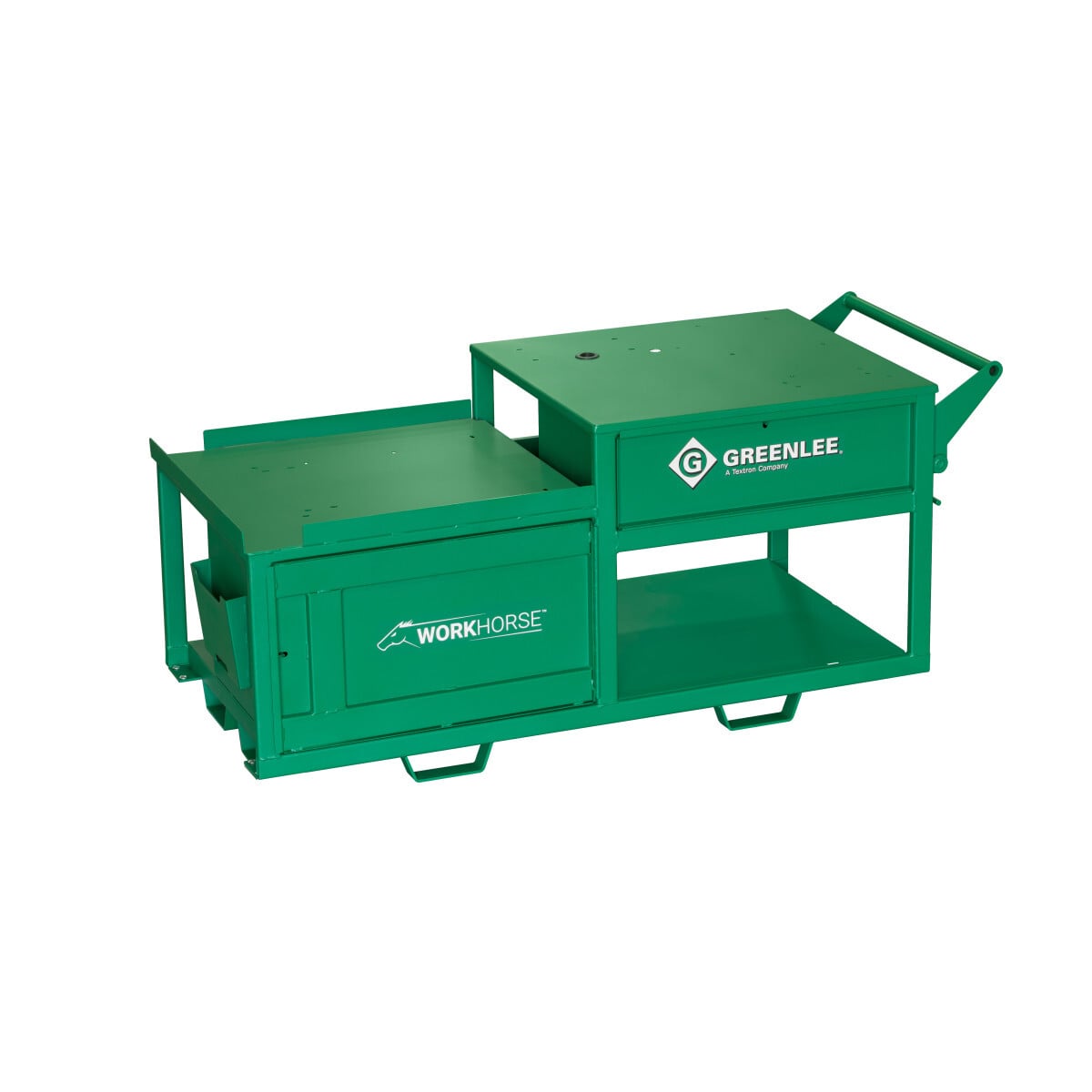 Workhorse Bending Threading Cart.  Pre-drilled holes for mounting bender, threader and chain vise.  Features:  Pass-through holes for electrical cords, document holder, pipe supports, lockable storage, open storage, cord wraps and fork pockets on 3 sides.  8" Casters for easy mobility.  Bend check to measure conduit and verify 90 bends.  Ergonomic handle height reduces lower back strain.
