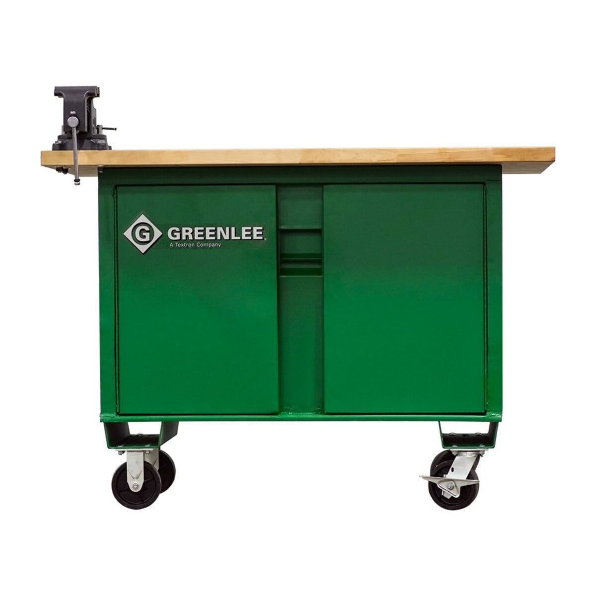 Heavy duty 36" x 48" wooden work surface.  Extra shelf storage for more organization of items. Recessed and concealed lock protector inhibits forced entry and corrosion to lock.  Flush-mounted doors.  Finger-groove door handles. Front door storage.  Hemmed(reinforced) high-strength shelves.  Continuous, non-removable hinge pins to prevent theft.  Angled handle recess to prevent pinch points.  Patented, ergonomically designed fold-down recessed handles.  Recommend #1 and #5 Masterlock padlocks or equivalent.  Angled 3-1/2" high support skids for easy caster installation with carriage bolts.  Optional 5" Wilton Vise PN# 07217 (not included).  Casters not included.  Some assembly required.