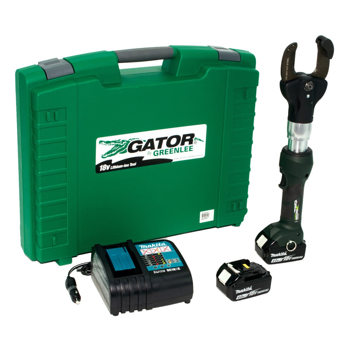 ESC50LX 2 Inline Cutter with two 4.0AH Batteries, 120V Charger and Case.  Greater cutting capacity with a more compact tool.  Inline design provides easy maneuverability.  MRS (Manual Retract Stop)  Stop the blade retraction at any point and begin the next cutting cycle from that point to save time.  Capacity to cut up to 2 diameter Copper (Cu)/Aluminum (Al) Standard and Fine Stranded cable.  Ergonomic Inline design tool is 30 percent lighter than closest competitor model.  350 degree rotating head improves user posture and decreases wrist strain.  Powered by 18V Makita battery platform for increased battery compatibility. 2X faster battery charge than competition.