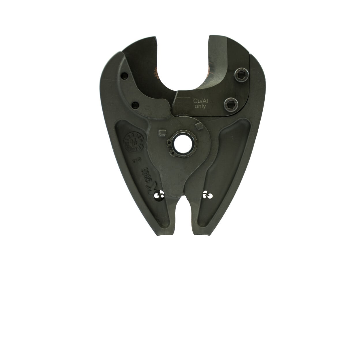 CU/AL Cutter Jaw with patented locking pin enables easy jaw installation.  Provides multi-functionality on a single tool.  Interchangeable jaws reduce number of tools required for a job.  Compatible with X and L Series Gator Tools.  Patented quarter turn locking pin for easy jaw installation and removal.  Maneuverability and reduced weight provide improved working posture.  Open-mouth jaw and single trigger eliminates need for two-handed operation.  Up to 600 kcmil Cu/Al