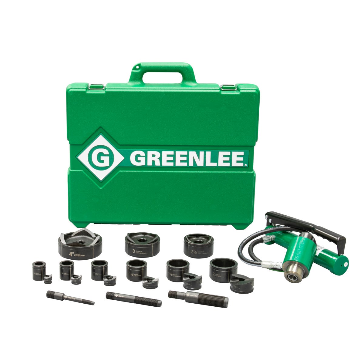 Compact, Lightweight Design - for portability and fast, easy one-person operation. Slug-Buster punch profile splits slugs for easy slug removal.  Knurled edge on punches for better grip.  New die design optimized for widest range of materials and drivers.  Laser markings for quick part identification.  Alignment markings for improved accuracy.  Easy threading - draw studs with "dog point" tip helps eliminate cross-threading.  Hex key access for easy removal from tool.  Compatibility - Works with all Greenlee knockouts. Same draw studs used with Intelli-PUNCH, LS50L2 and 746A ram. Punches, dies, draw studs and case made in the USA. Driver manufactured in the USA from US and global components. Replaces 38520