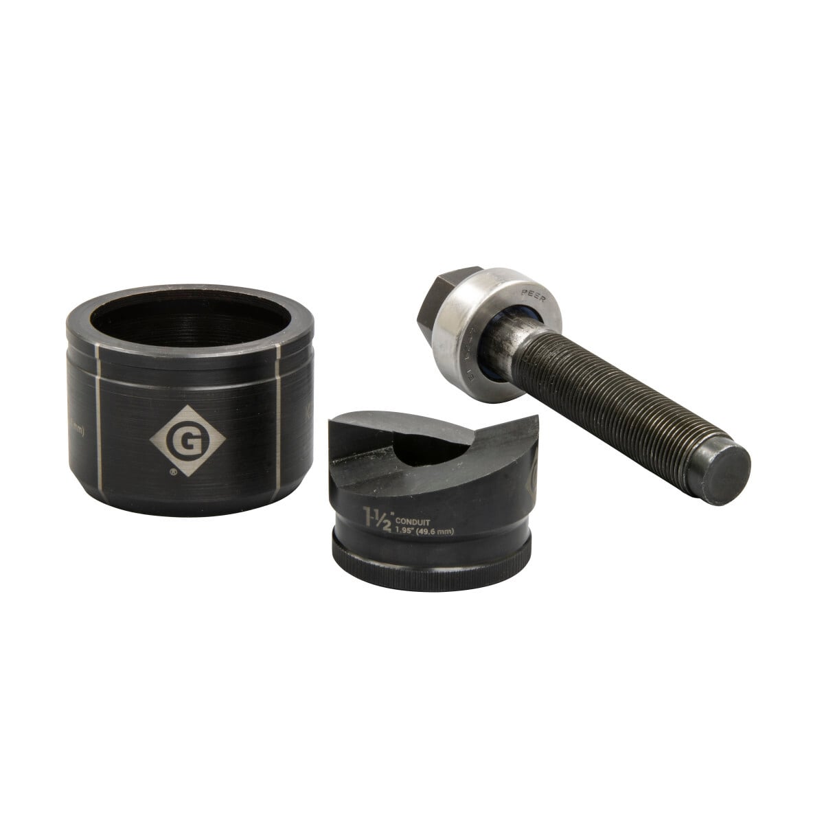Unique punch profile splits slugs allowing for easy slug removal.  Knurled edge for better grip.  Laser markings for quick part identification.  Alignment markings for improved accuracy.  Punch and die Made in USA.  Replaces 7211BB-1-1/2