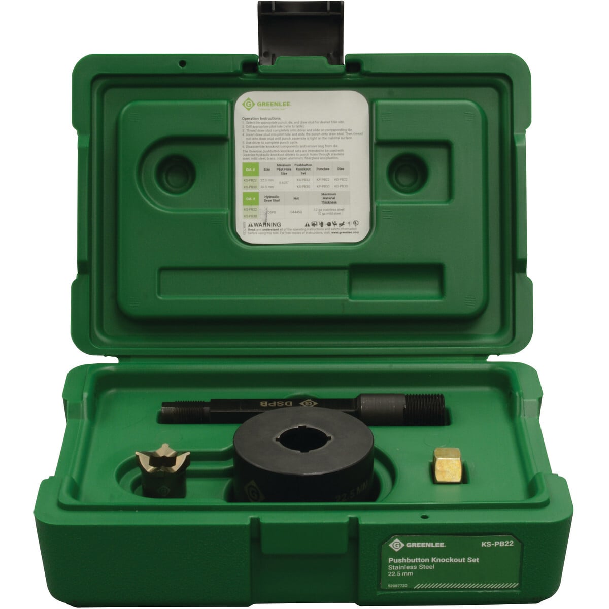Set of 22.5mm punch and notch in one easy operation for fast pushbutton (oiltight) installation.  New die design with optimized depth for widest range of materials and drivers.  Designed for use with any Greenlee hydraulic driver - no adapters required.  Durable, high-grade steel provides maximum life in mild and stainless steel.  Includes: punch only