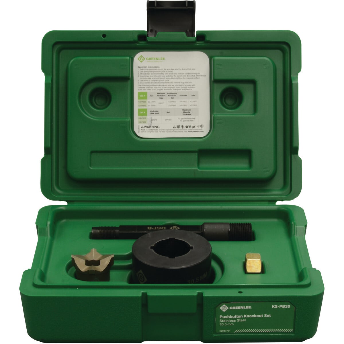 Set of 30.5mm punch and notch in one easy operation for fast pushbutton (oiltight) installation.  New die design with optimized depth for widest range of materials and drivers.  Designed for use with any Greenlee hydraulic driver - no adapters required.  Durable, high-grade steel provides maximum life in mild and stainless steel.  Includes: punch, die, drawstud and nut