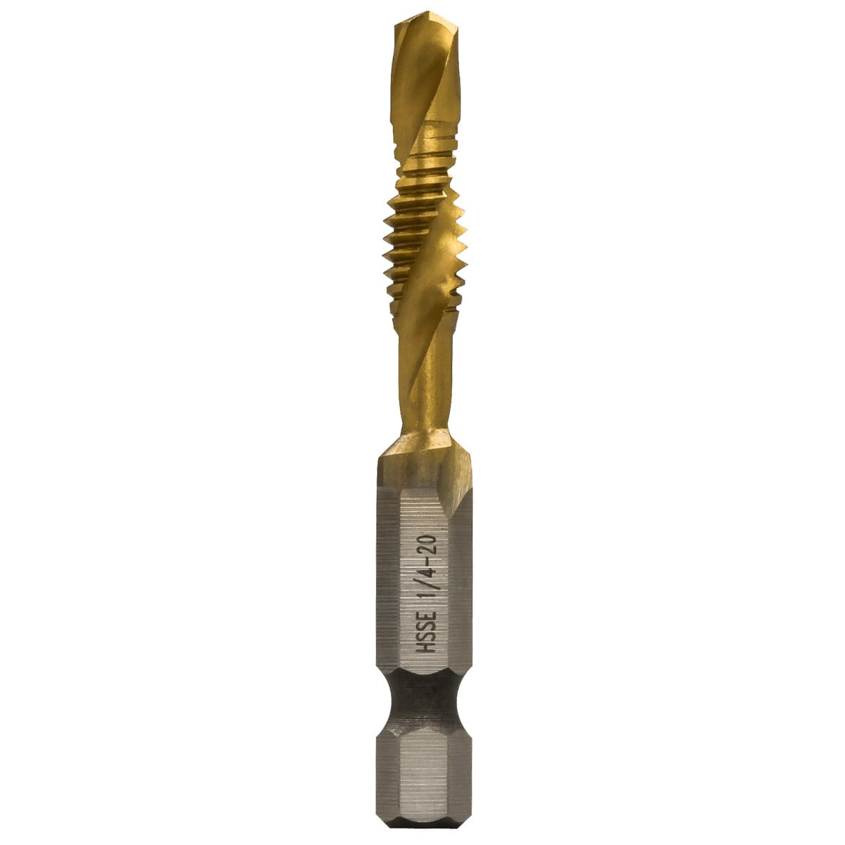 1/4-20 Split-point tip resists walking and penetrates material faster. Strong, high-speed steel provides superior resistance to heat and abrasion. Titanium Nitride coating ensures that the bits run cooler, drill faster, and last longer. Optimized core for significantly reduced torque on the user and extended tool life. Designed to drill in up to 1/4" thick material. Durable case and quick-change adapter included