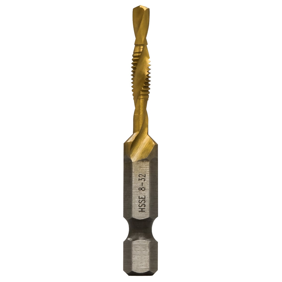 8-32 Split-point tip resists walking and penetrates material faster. Strong, high-speed steel provides superior resistance to heat and abrasion. Titanium Nitride coating ensures that the bits run cooler, drill faster, and last longer. Optimized core for significantly reduced torque on the user and extended tool life. Designed to drill in up to 1/4" thick material. Durable case and quick-change adapter included