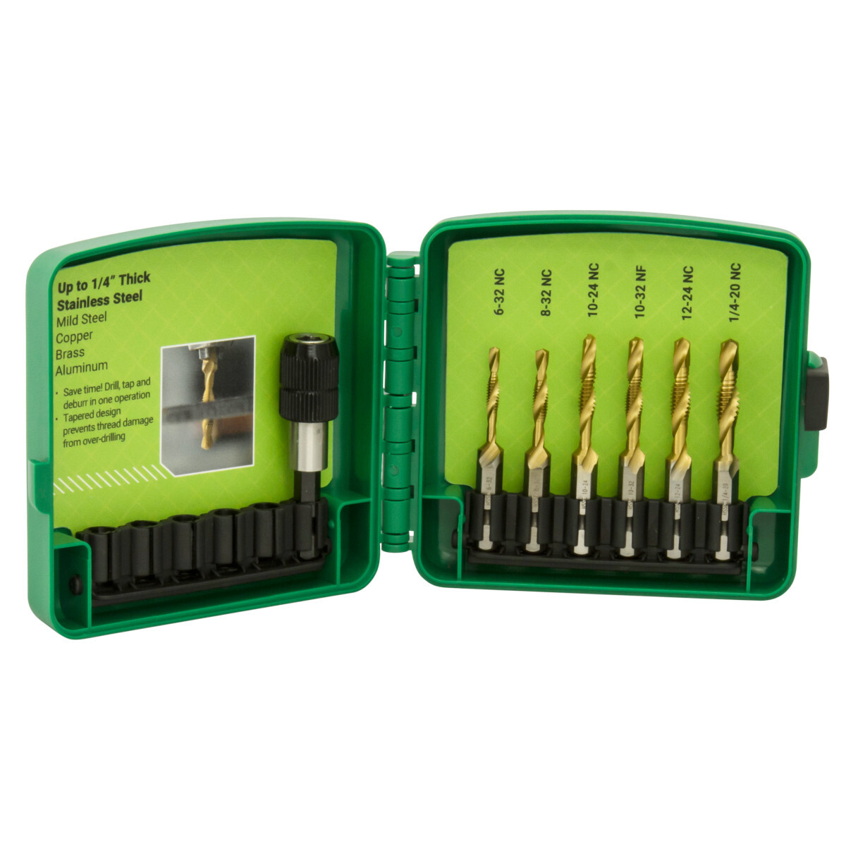 SS Kit Split-point tip resists walking and penetrates material faster. Strong, high-speed steel provides superior resistance to heat and abrasion. Titanium Nitride coating ensures that the bits run cooler, drill faster, and last longer. Optimized core for signif