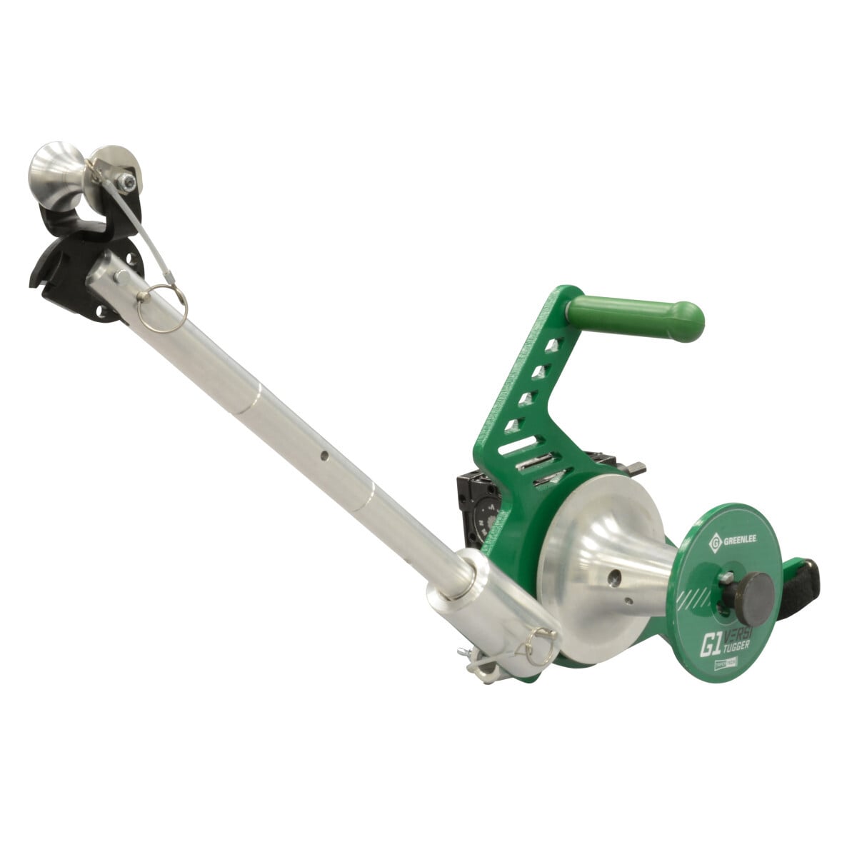 Handheld cordless puller with constant pull force up to 600 lbs.  Unload polyline in seconds after a pull.  Line slides off tapered capstan when spool wall is removed, no need to reverse the drill.  Pull 68 percent faster than manual pulling.  Works with most 18v-20v cordless drills.  Adjustable 17 rotatable boom quickly adjusts to fit each job with 3 length positions to choose from.  Extend the boom with 1 rigid conduit.  Universal pulling head, one size fits all attaches quickly to any size conduit from 1/2 - 4