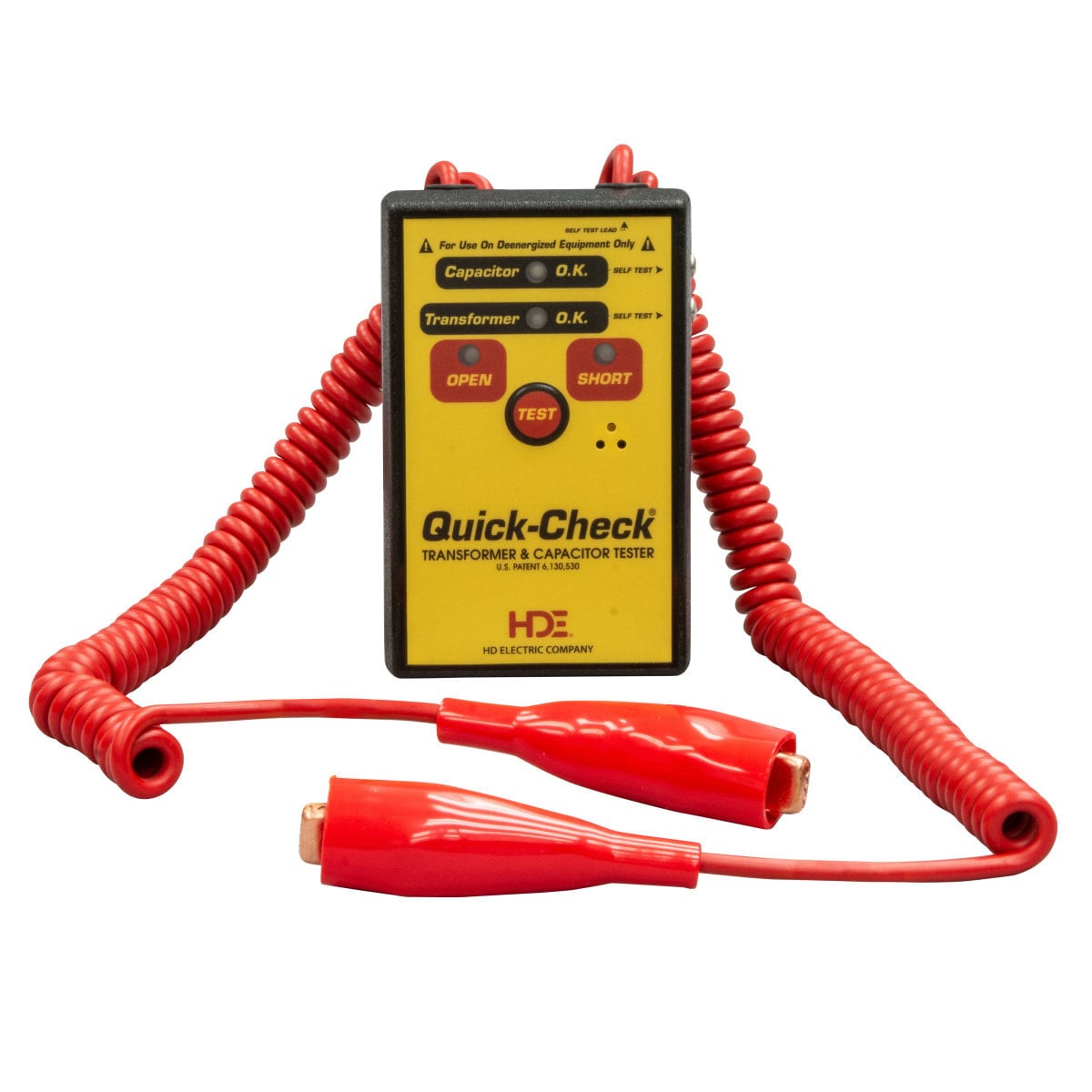 Quick-Check transformer and capacitor tester. Quick and easy check for opens or shorts on transformers or capacitors before energizing.  Provides clear indications of open circuits, short connections and confirmation that the test results are OK.  Tests overhead, pad-mount and other distribution transformers as well as capacitors and capacitor banks.  Tests the primary and secondary sides of de-energized transformers and capacitors without disconnecting.  Helps prevent line workers from installing a fuse on a shorted transformer or capacitor