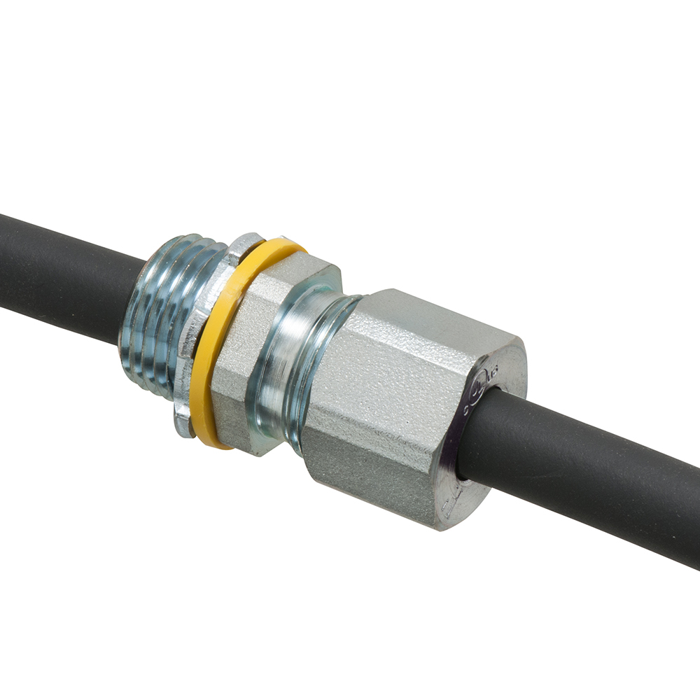Low-profile zinc plated steel die-cast, liquid-tight, and oil-tight strain relief cord connector furnished with a sealing ring and locknut. Supports 0.200" to 0.485" cord range with a 1/2" trade size.