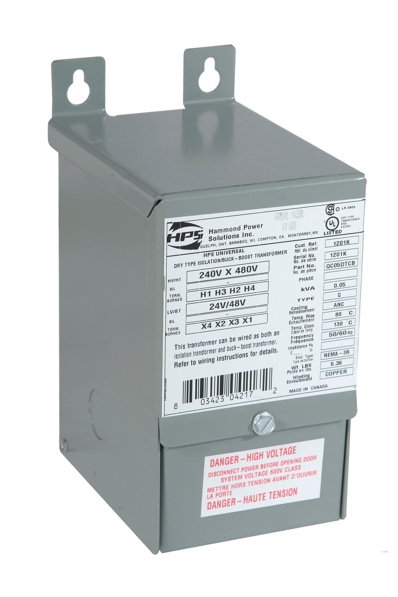 Buck-Boost Transformer, 120x240 PV, 12x24 SV