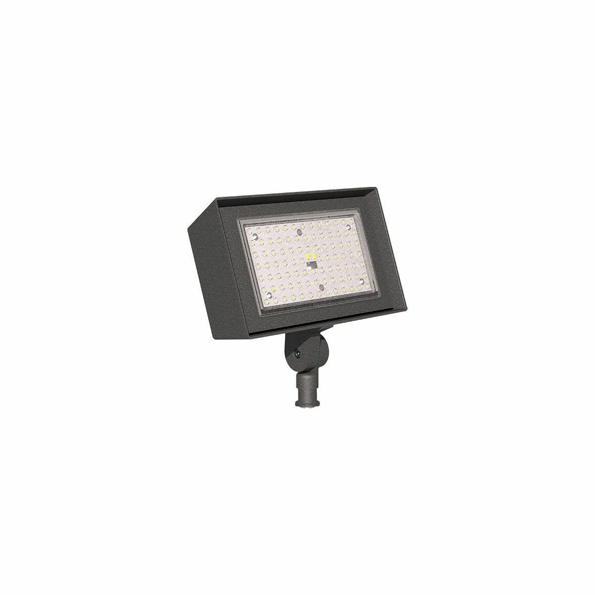 Ratio Flood Size 3, Mounting Type: Knuckle Mount, Wattage: 34 W, Number of LEDs: 90, Color Temperature: 5000 K, Light Distribution: Wide Distribution, Light Output: 4827 lm, Voltage Rating: 120-277 V, Color: Dark Bronze Textured, Options: button photocontrol.