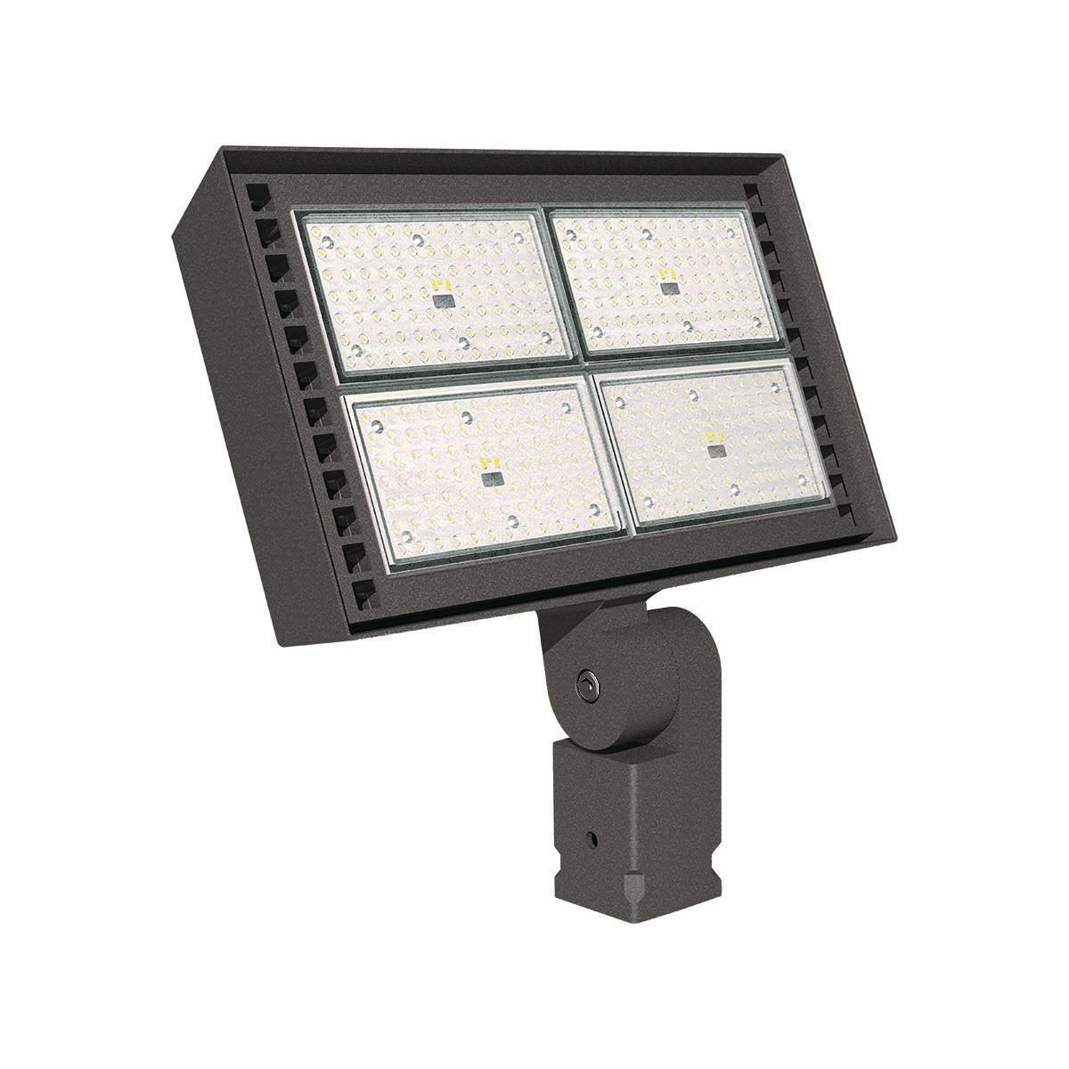 Ratio Flood Size 5, Mounting Type: Knuckle Mount, Wattage: 266 W, Number of LEDs: 360, Color Temperature: 4000 K, Light Distribution: Wide Distribution, Light Output: 28988 lm, Voltage Rating: 120-277 V, Color: Dark Bronze Textured.