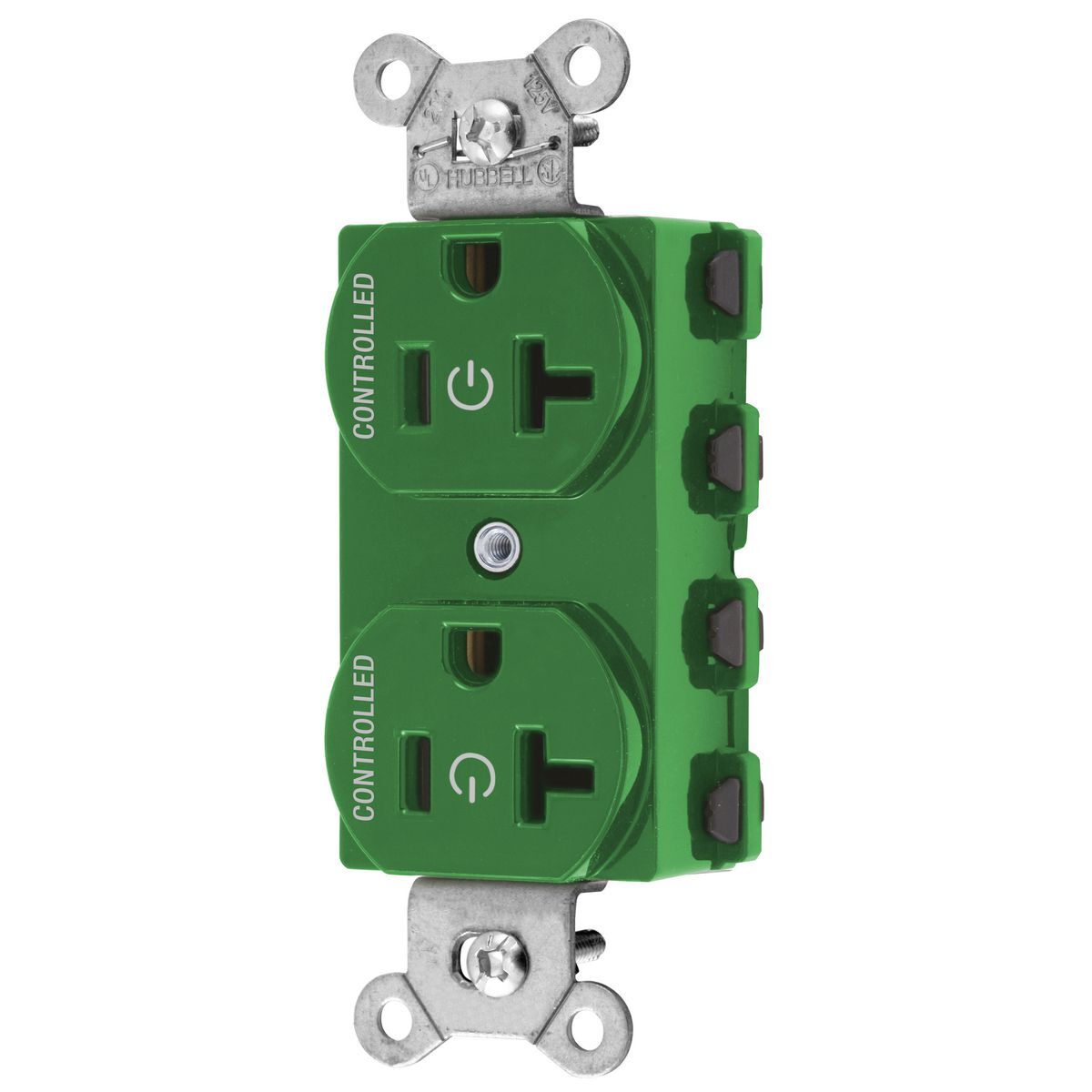 Straight Blade Devices, Receptacles, Duplex, SNAPConnect, Controlled, 20A 125V, 2-Pole 3-Wire Grounding, Nylon, Green
