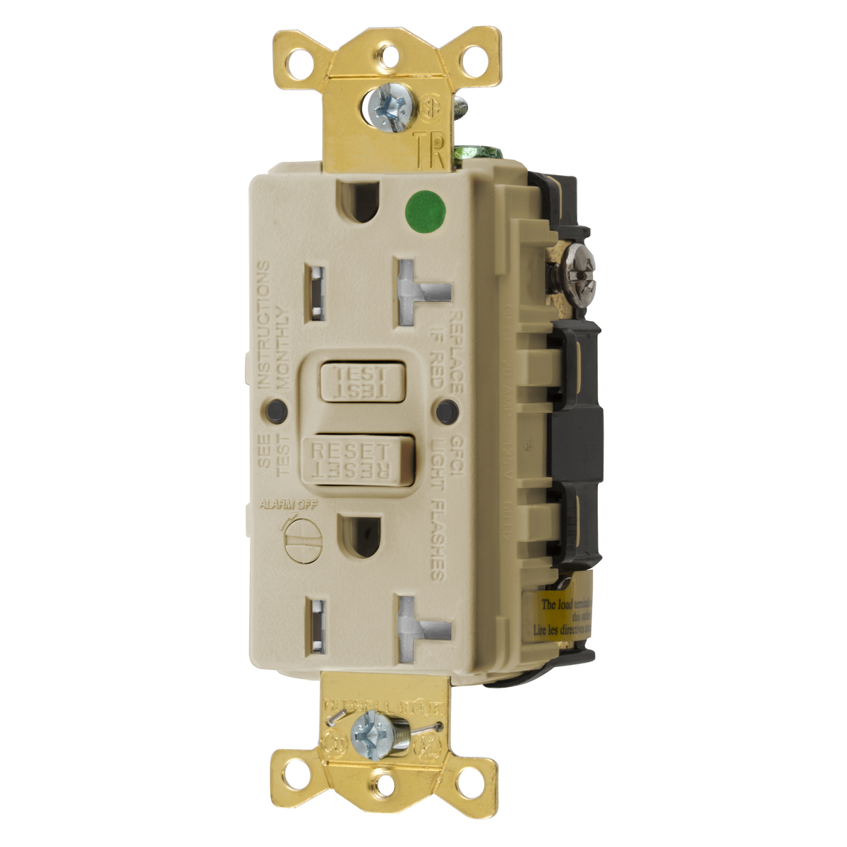 Power Protection Products, GFCIReceptacle, Self Test, Commercial Hospital Grade, Tamper Resistant, 20A125V, 2-Pole 3-Wire Grounding, 5-20R, Leaded, Ivory, With Alarm