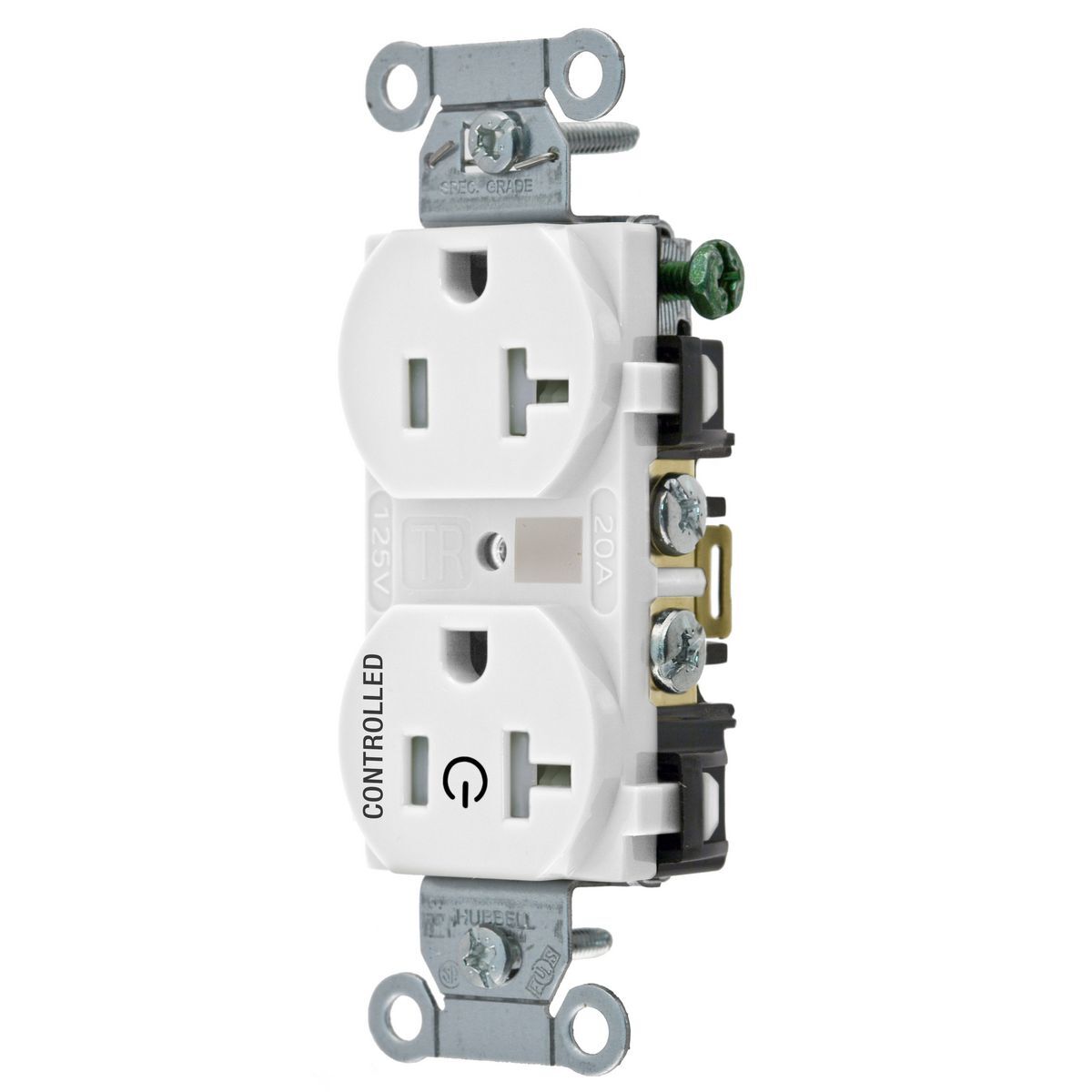 Straight Blade Devices, Receptacles, Duplex, 1/2 Load Controlled, 20A 125V, 2-Pole 3-Wire Grounding, 5-20R, Back and Side Wired, White