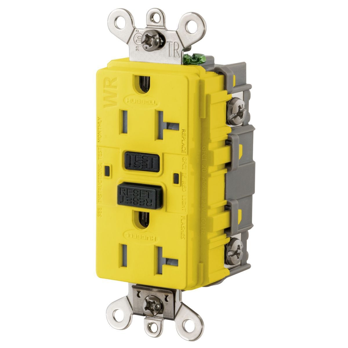 20A, 125V Industrial Grade, Tamper-Resistant, Weather-Resistant, Ground Fault Receptacle, Yellow
