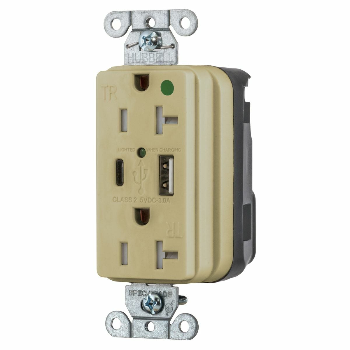 Straight Blade Devices, SNAP-ConnectDecorator Duplex, USB Charger Receptacle, Hospital Grade, 20A 125V, 2-Pole 3-Wire Grounding, 5-20R, 5A "A" and "C" Charger Ports, Ivory