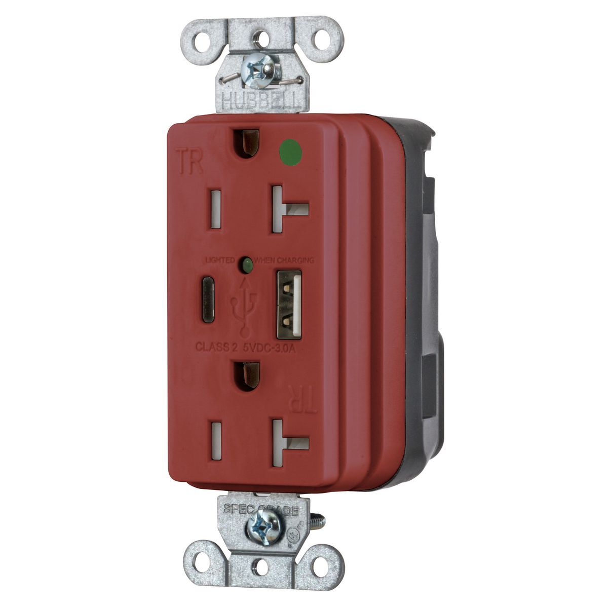 Straight Blade Devices, SNAP-ConnectDecorator Duplex, USB Charger Receptacle, Hospital Grade, 20A 125V, 2-Pole 3-Wire Grounding, 5-20R, 5A "A" and "C" Charger Ports, Red