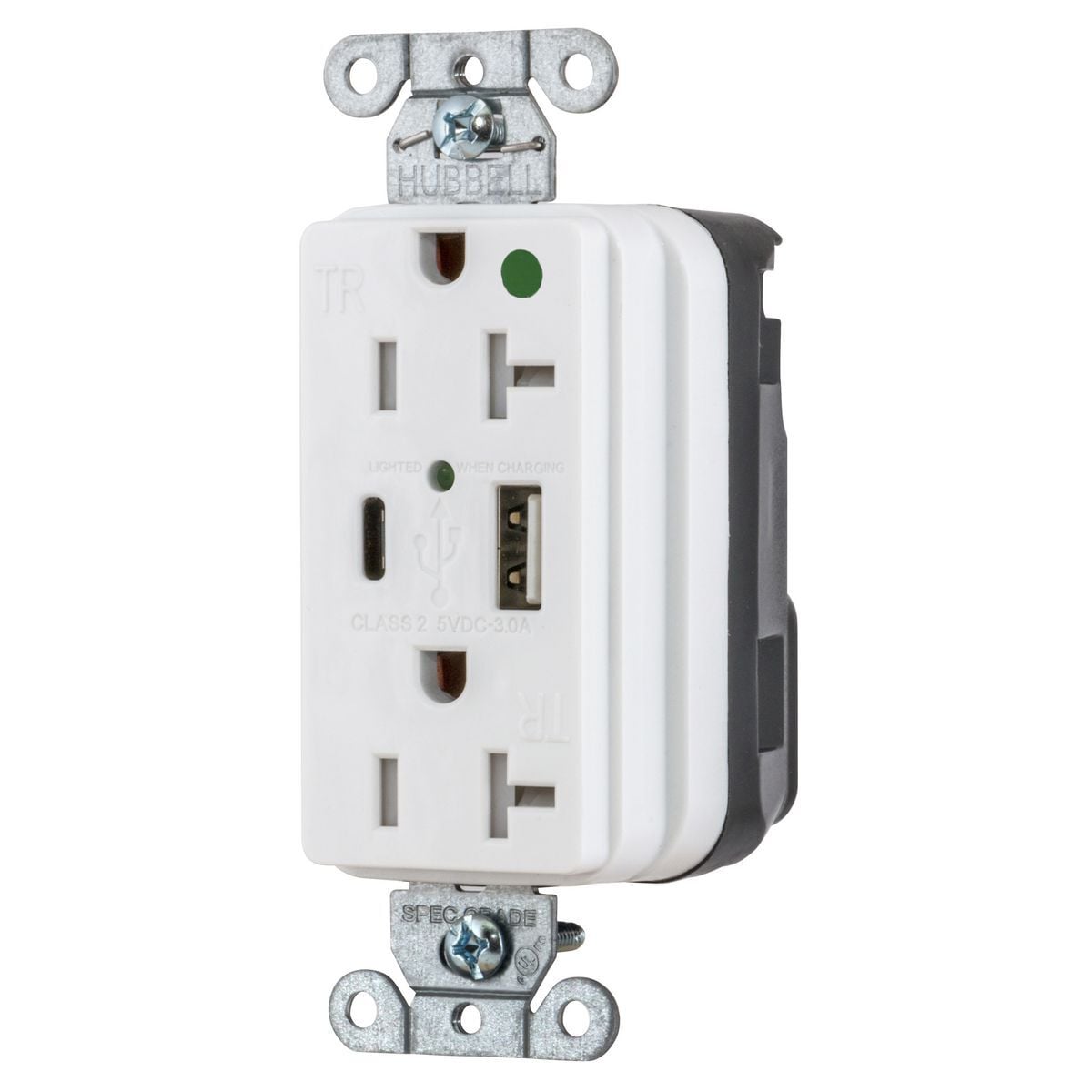 Straight Blade Devices, SNAP-ConnectDecorator Duplex, USB Charger Receptacle, Hospital Grade, 20A 125V, 2-Pole 3-Wire Grounding, 5-20R, 5A "A" and "C" Charger Ports, White