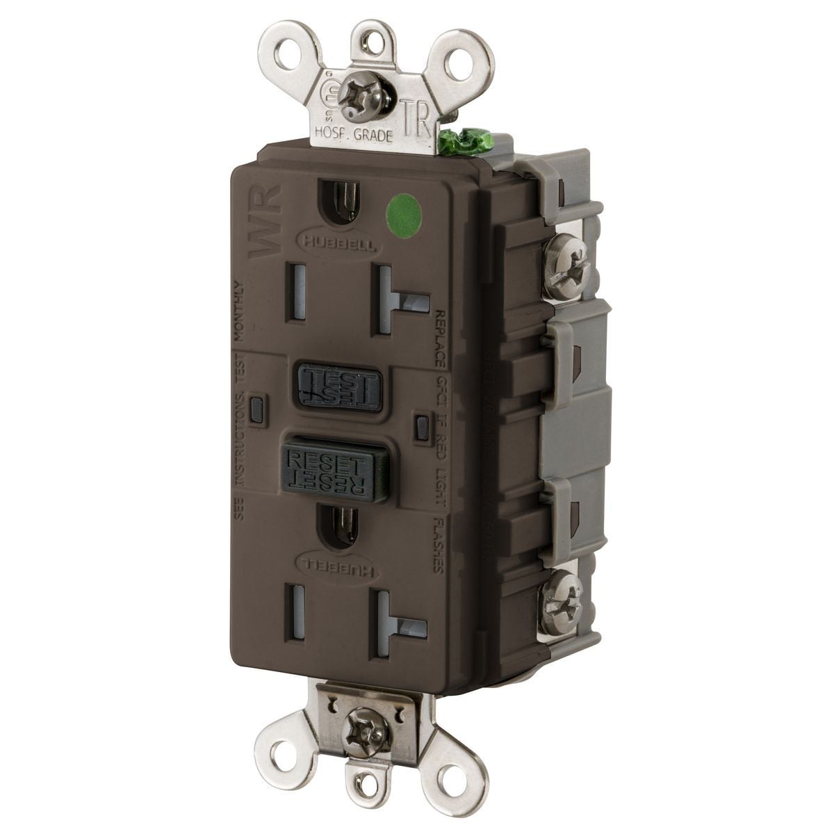 20A, 125V Industrial Hospital Grade, Tamper-Resistant, Weather-Resistant, Ground Fault Receptacle, Brown