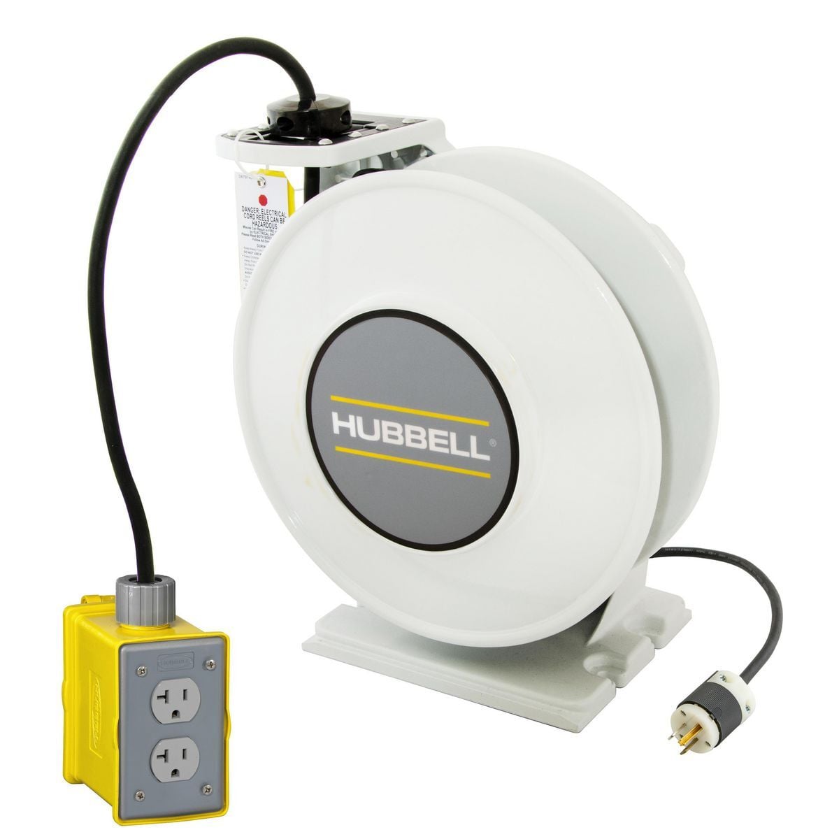 White Industrial Reel with Yellow Portable Outlet Box, GFCI Module and (1) 20A Duplex Receptacle, UL Type 1, 25 Ft, #12/3 SJO, 20 A, 125 VAC