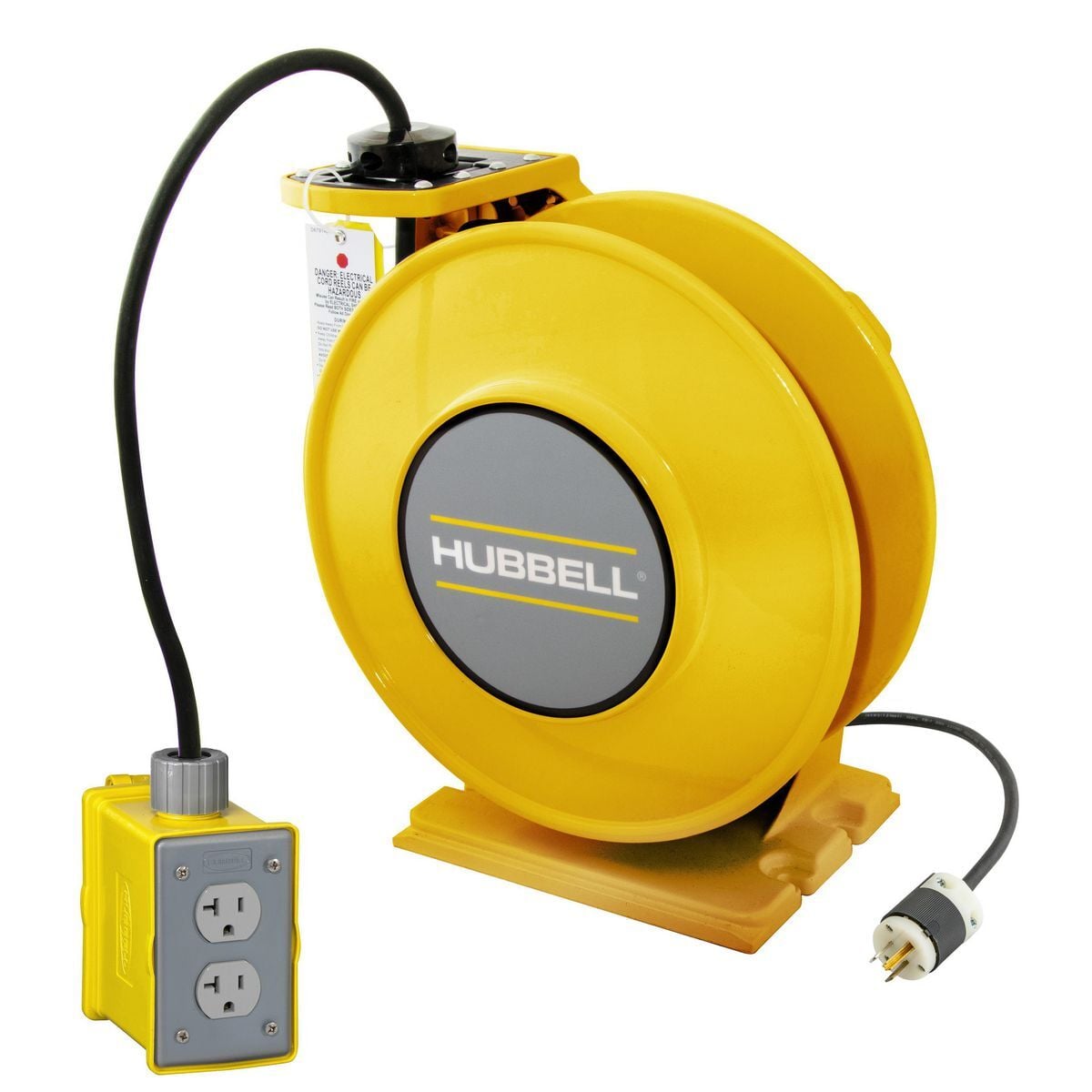 Yellow Industrial Reel with Yellow Portable Outlet Box, GFCI Module and (1) 20A Duplex Receptacle, UL Type 1, 25 Ft, #12/3 SJO, 20 A, 125 VAC