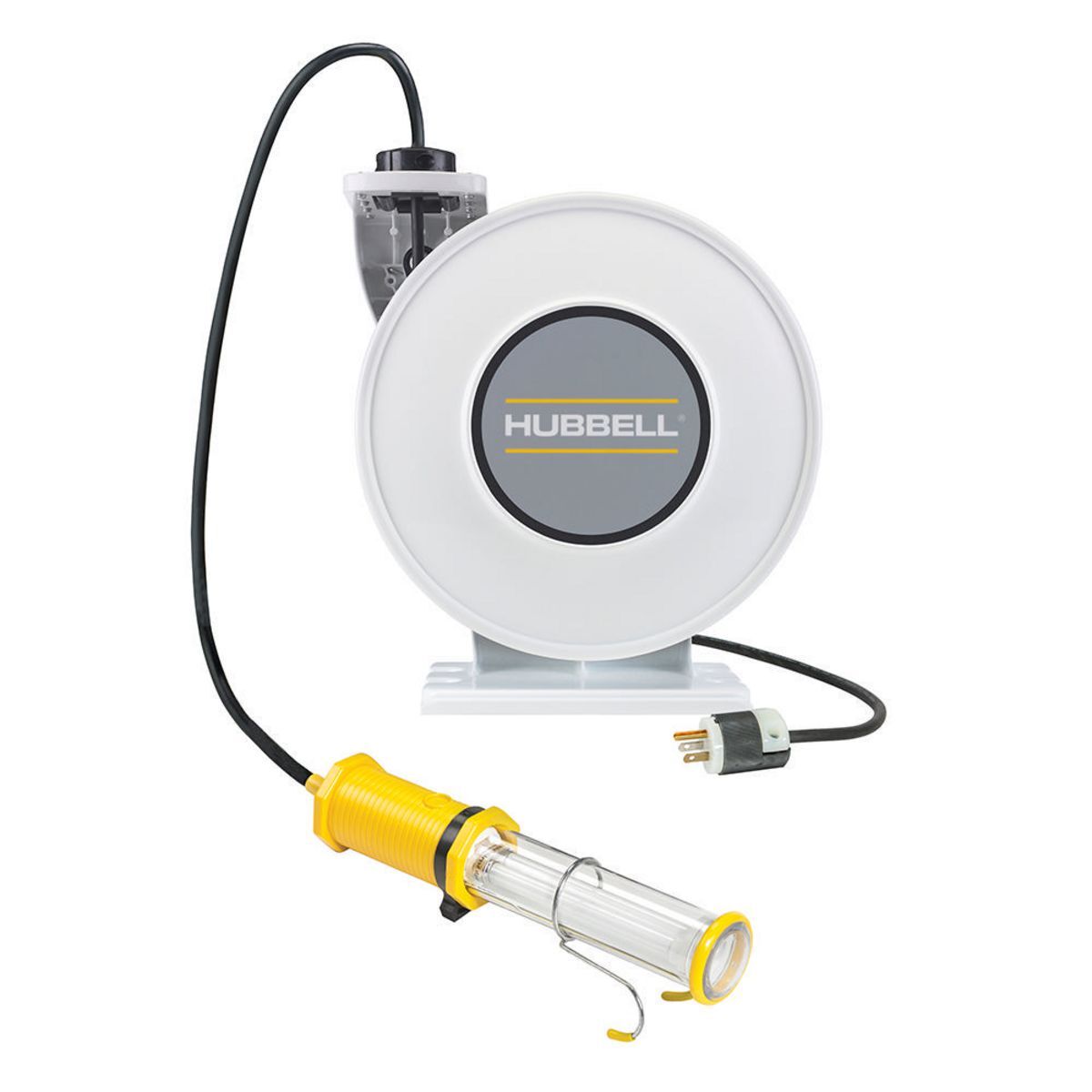 White Industrial Reel with Fluorescent Lamp, UL Type 1, 45 Ft, #16/3 SJO, 10 A, 125 VAC