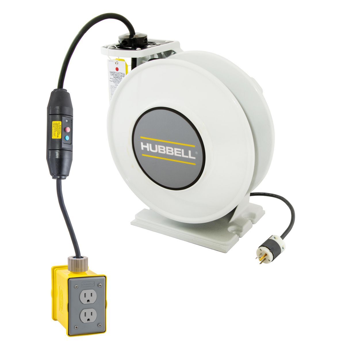 White Industrial Reel with Yellow Portable Outlet Box, GFCI Module and (2) 15A Duplex Receptacles, UL Type 1, 45 Ft, #14/3 SJO, 15 A, 125 VAC