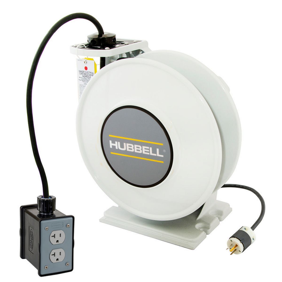 White Industrial Reel with Black Portable Outlet Box and (1) 20A Duplex Receptacle, UL Type 1, 45 Ft, #12/3 SJO, 20 A, 125 VAC