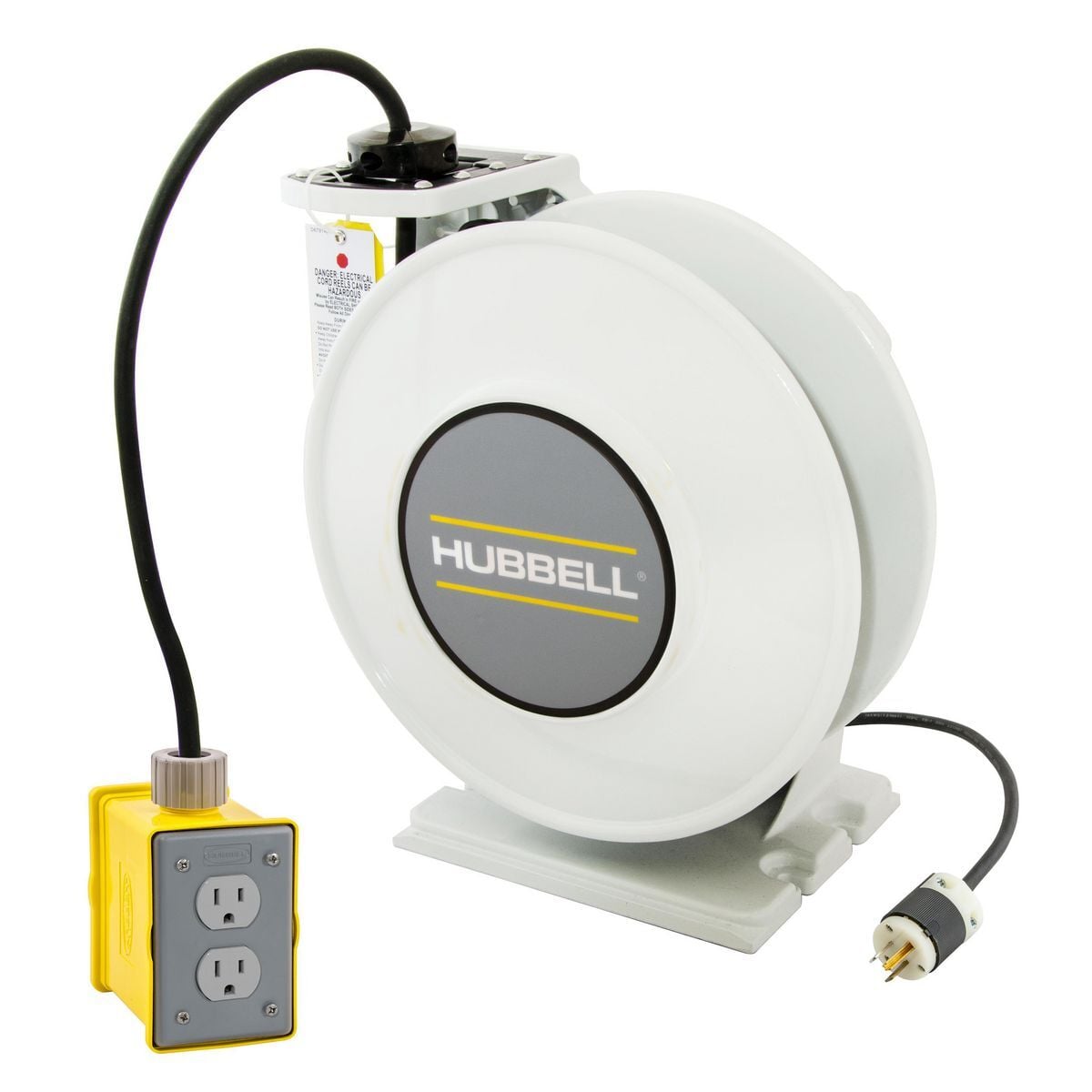 White Industrial Reel with Yellow Portable Outlet Box and (2) 20A Duplex Receptacles, UL Type 1, 35 Ft, #12/3 SJO, 20 A, 125 VAC