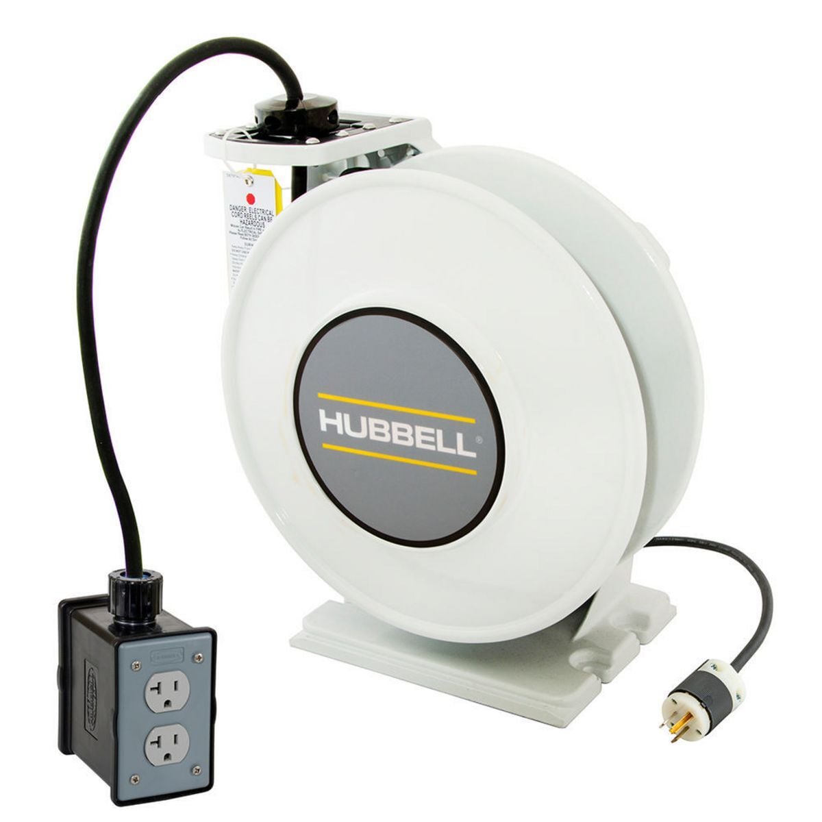 White Industrial Reel with Black Portable Outlet Box and (2) 20A Duplex Receptacles, UL Type 1, 35 Ft, #12/3 SJO, 20 A, 125 VAC