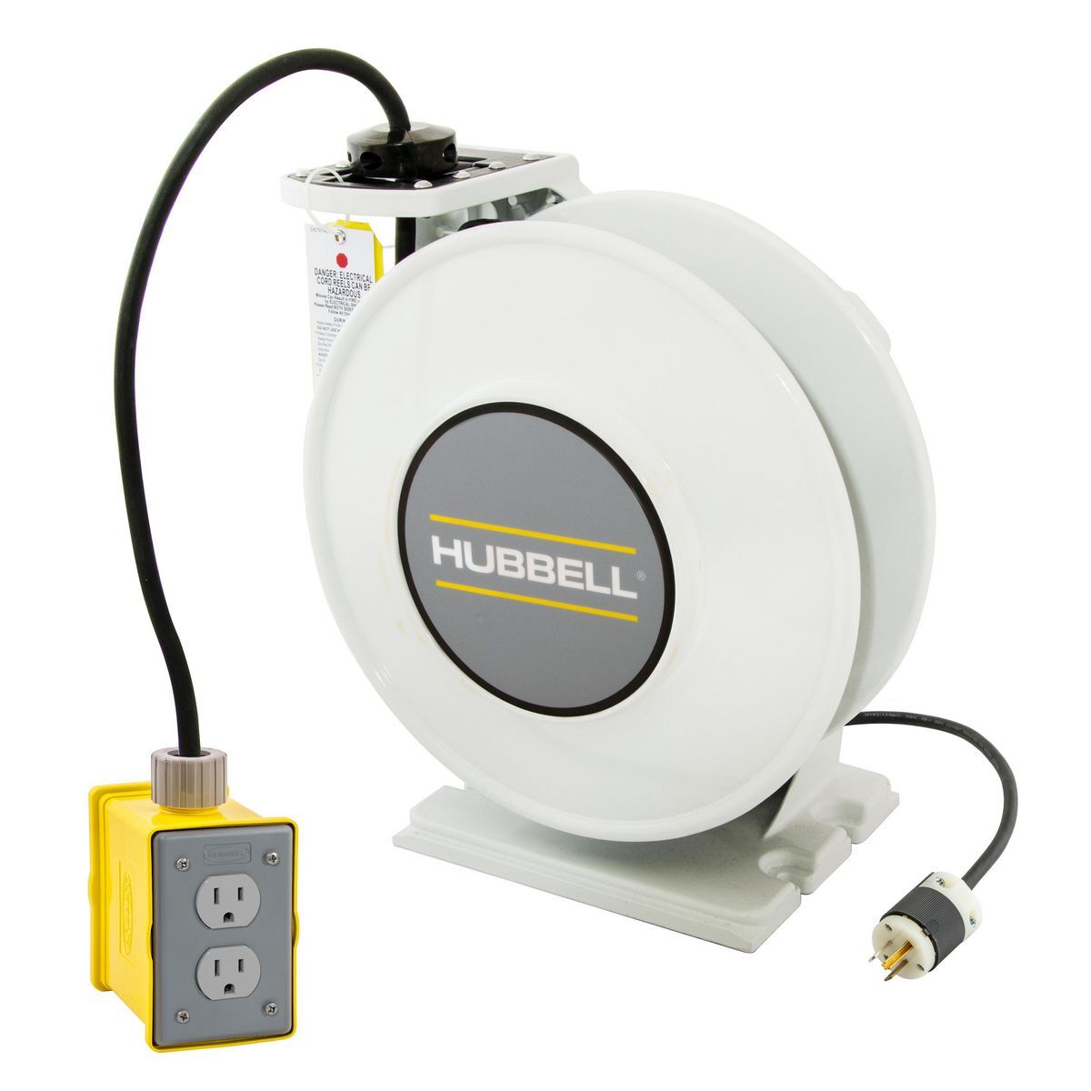 White Industrial Reel with Yellow Portable Outlet Box and (2) 20A Duplex Receptacles, UL Type 1, 25 Ft, #12/3 SJO, 20 A, 125 VAC