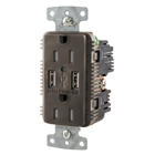 USB Charger Duplex Receptacle, 15A 125V,2-Pole 3-Wire Grounding, 5-15R, 2) 5A USB Ports, Brown