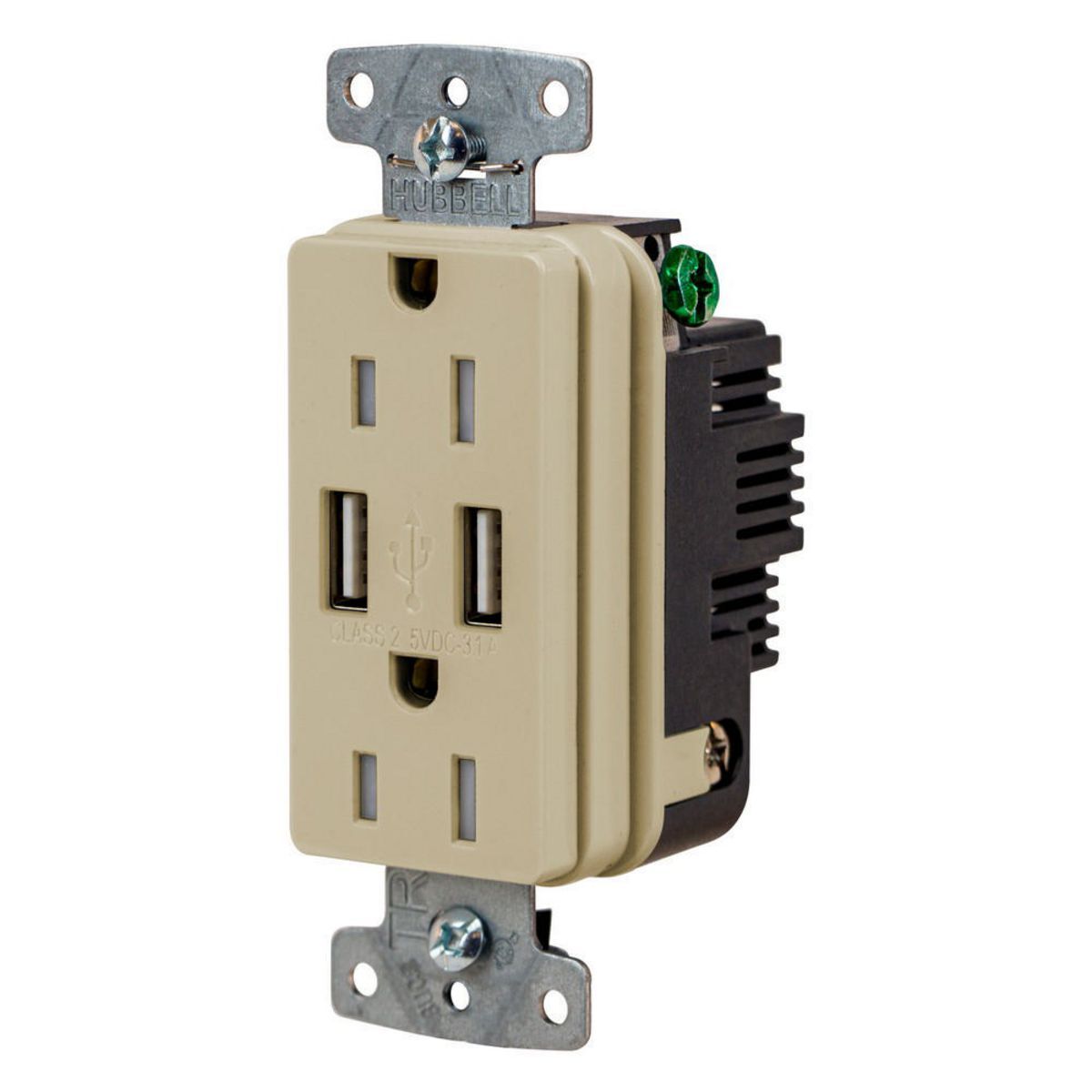 USB Charger Duplex Receptacle, 15A 125V,2-Pole 3-Wire Grounding, 5-15R, 2) 3.1 A USB Ports, Brown