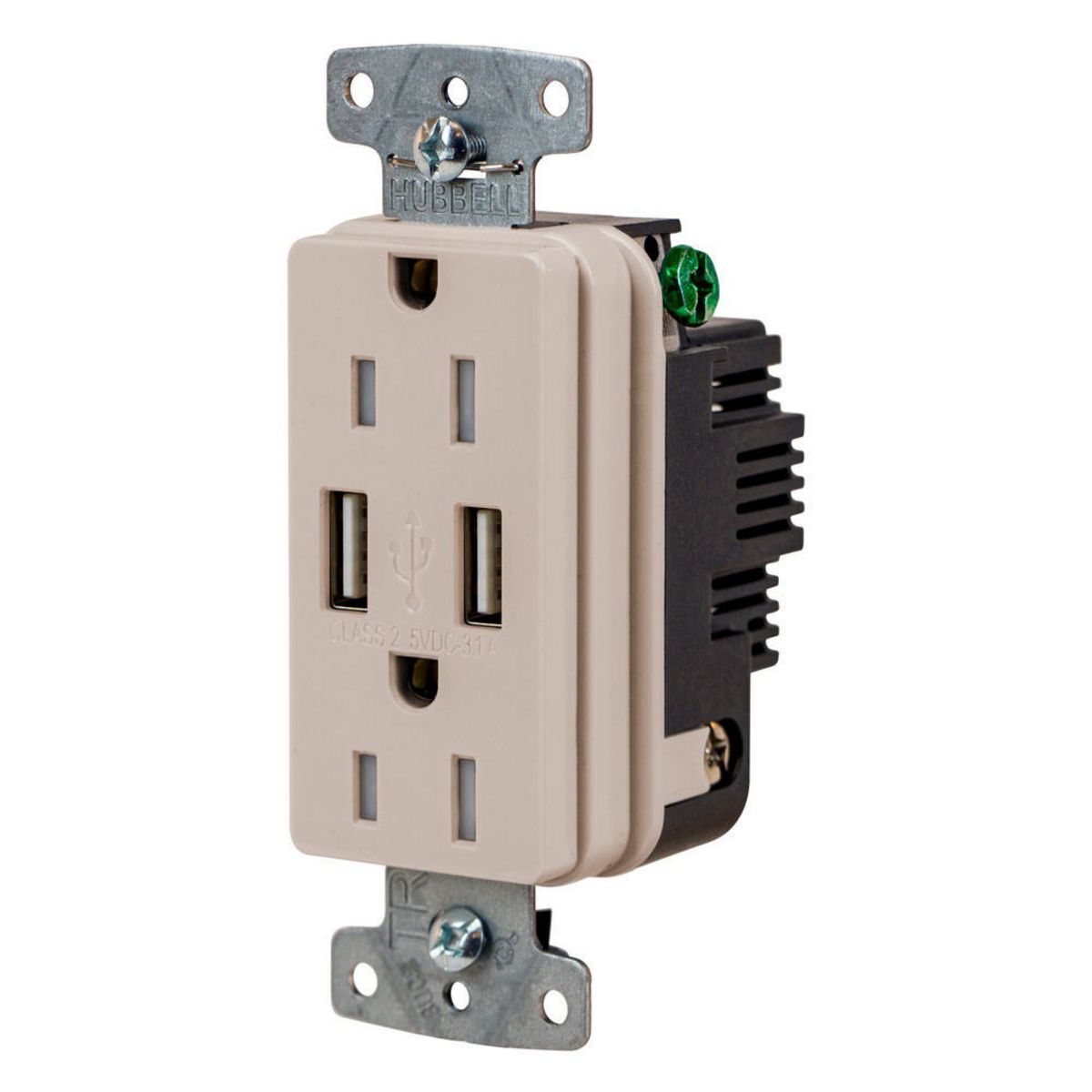 USB Charger Duplex Receptacle, 15A 125V,2-Pole 3-Wire Grounding, 5-15R, 2) 3.1 A USB Ports, Light Almond