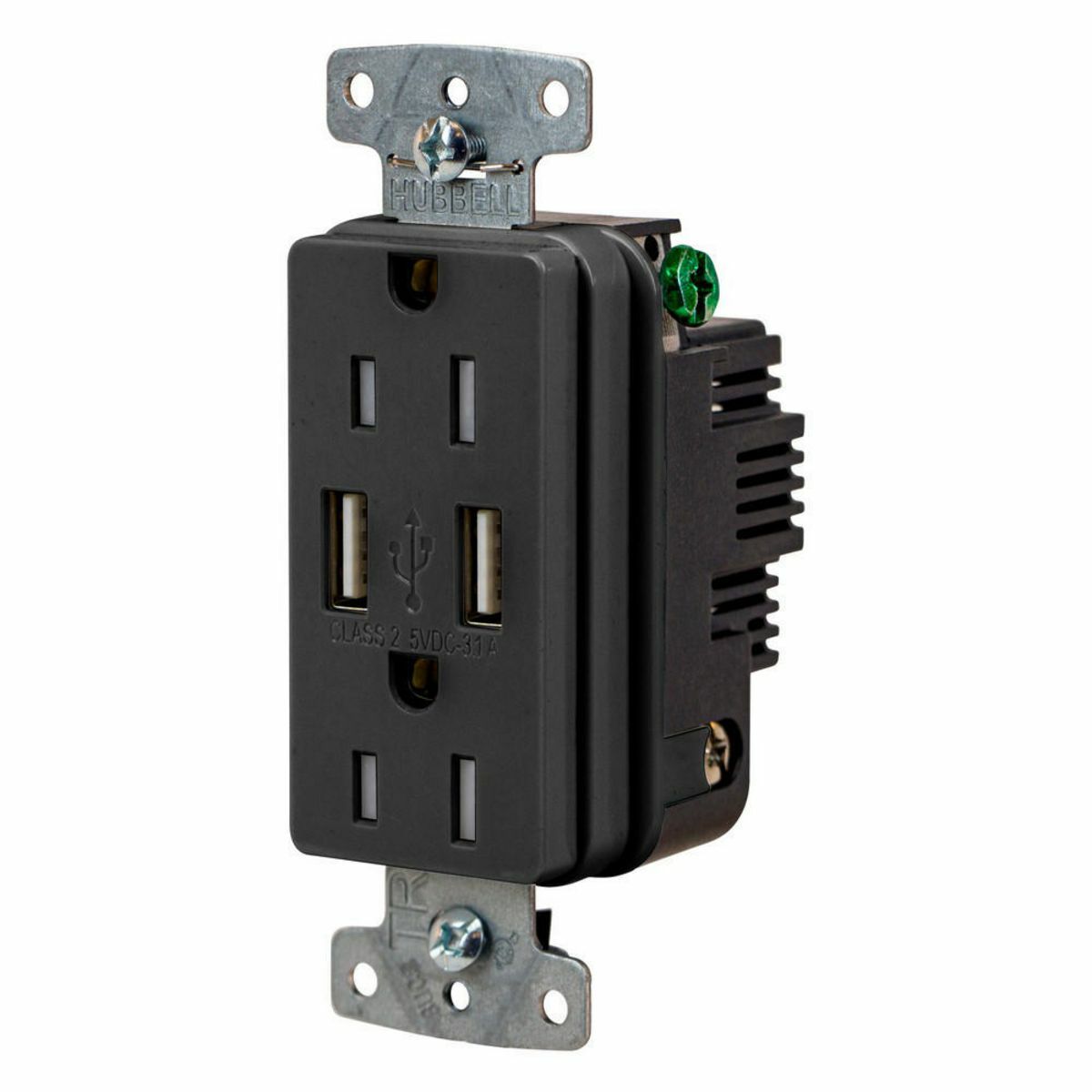 USB Charger Duplex Receptacle, 15A 125V,2-Pole 3-Wire Grounding, 5-15R, 2) 3.1 A USB Ports, Brown