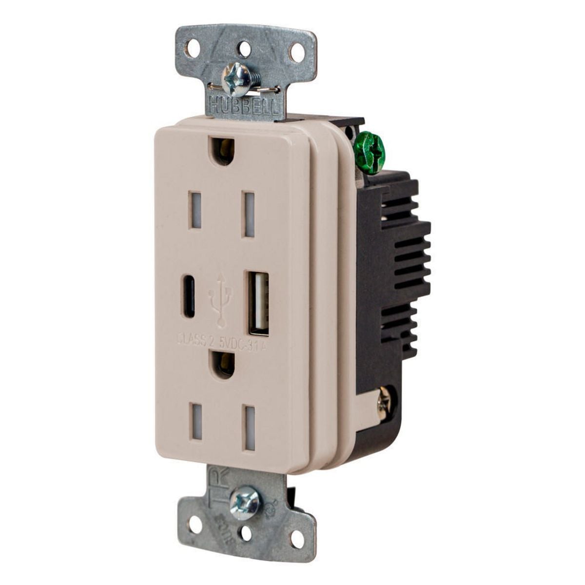 USB Charger Duplex Receptacle, 15A 125V,2-Pole 3-Wire Grounding, 5-15R, 1) 3.1 A "C" USB and "A" Ports, Light Almond