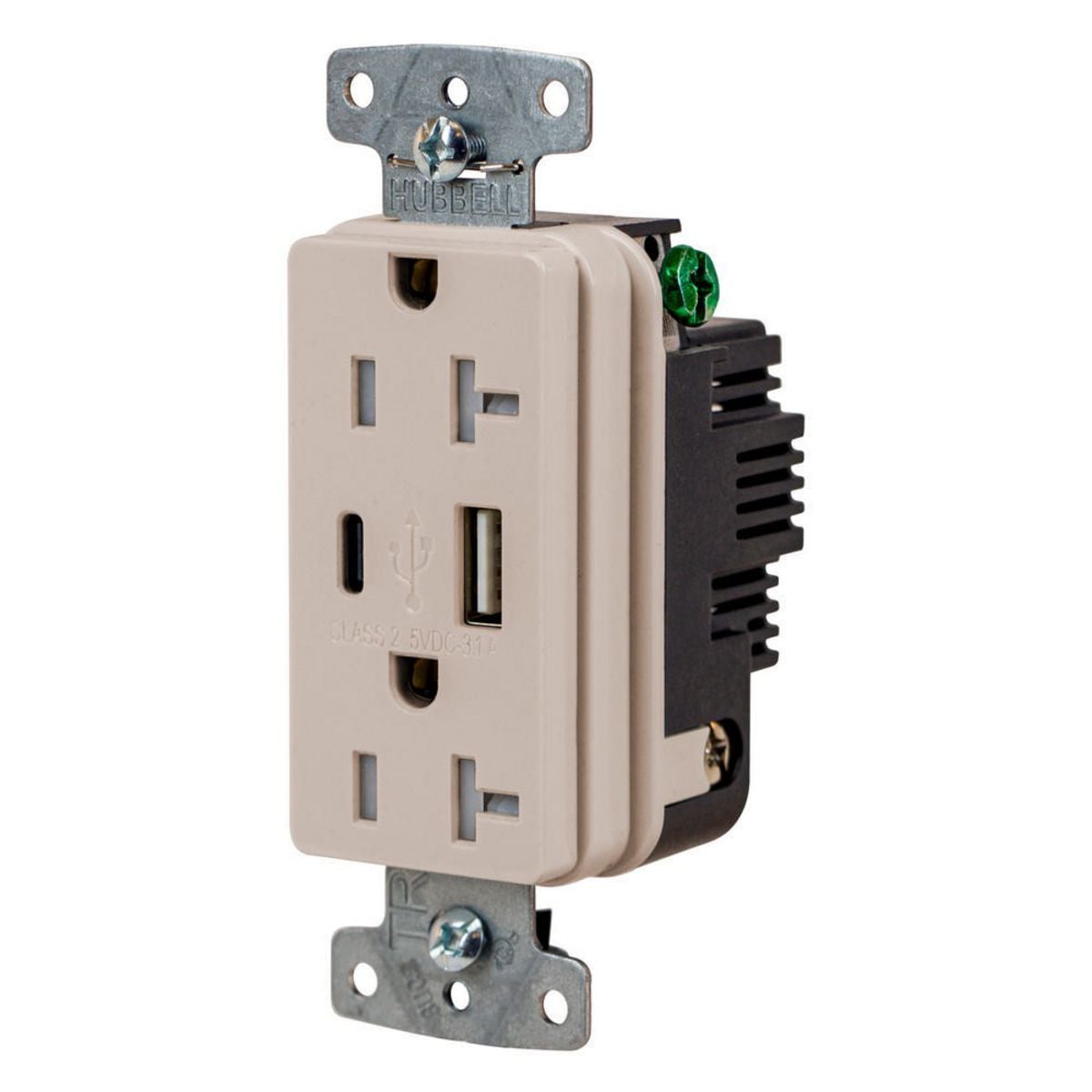 USB Charger Duplex Receptacle, 20A 125V,2-Pole 3-Wire Grounding, 5-20R, 1) 3.1 A "C" USB and "A" Ports, Light Almond
