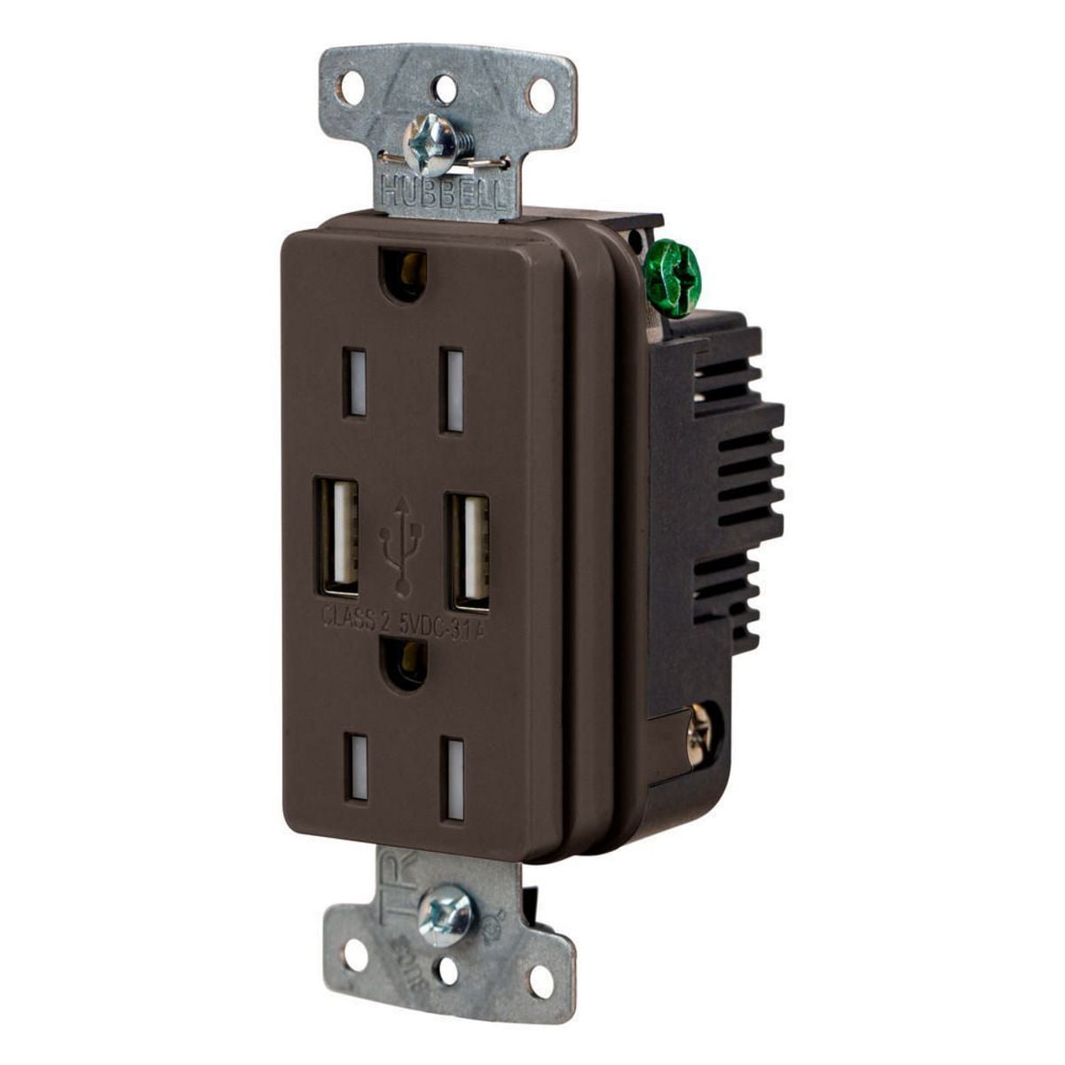 USB Charger Duplex Receptacle, 15A 125V,2-Pole 3-Wire Grounding, 5-15R, 2) 3.1 A USB Ports, Brown