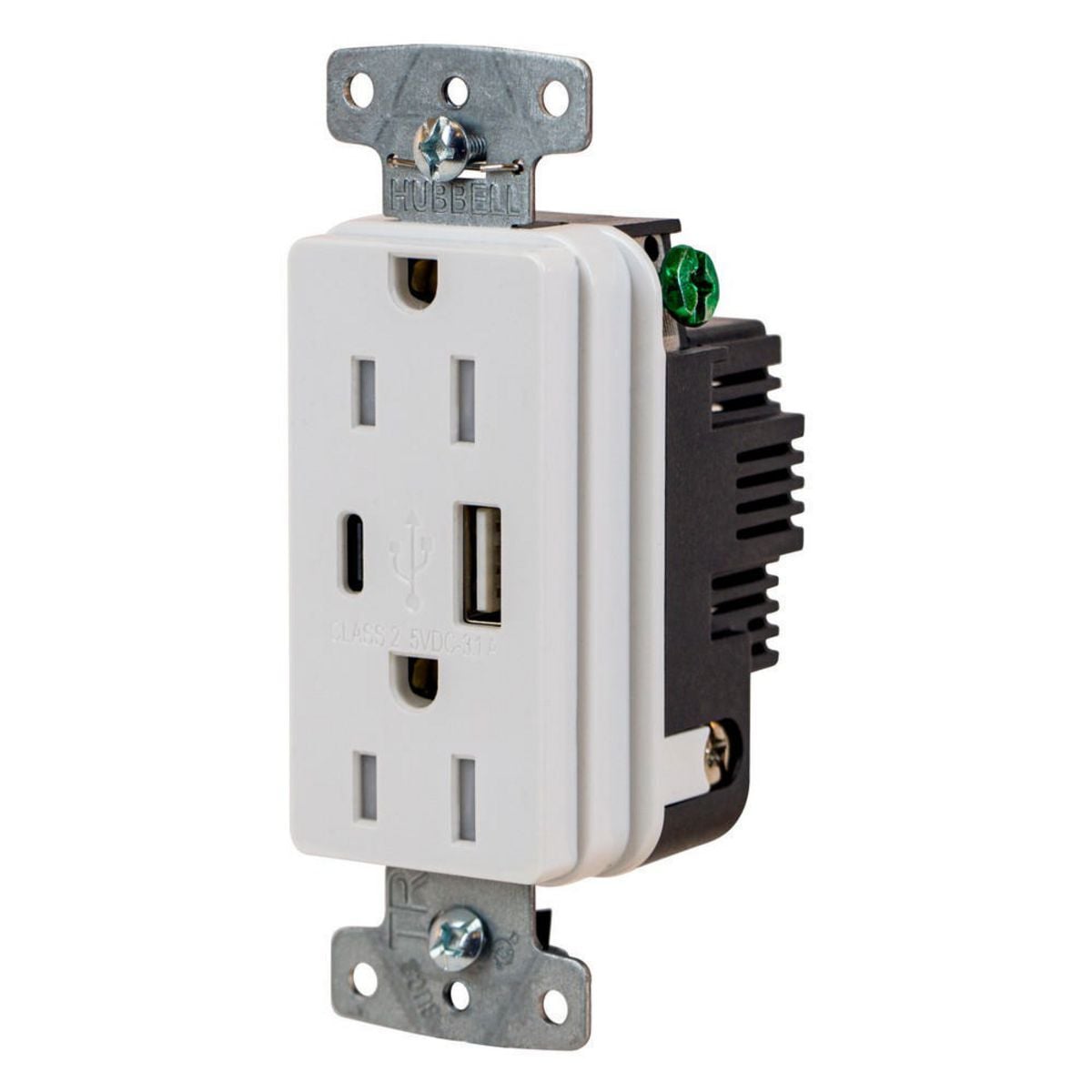 USB Charger Duplex Receptacle, 15A 125V,2-Pole 3-Wire Grounding, 5-15R, 1) 3.1 A "C" USB and "A" Ports, White