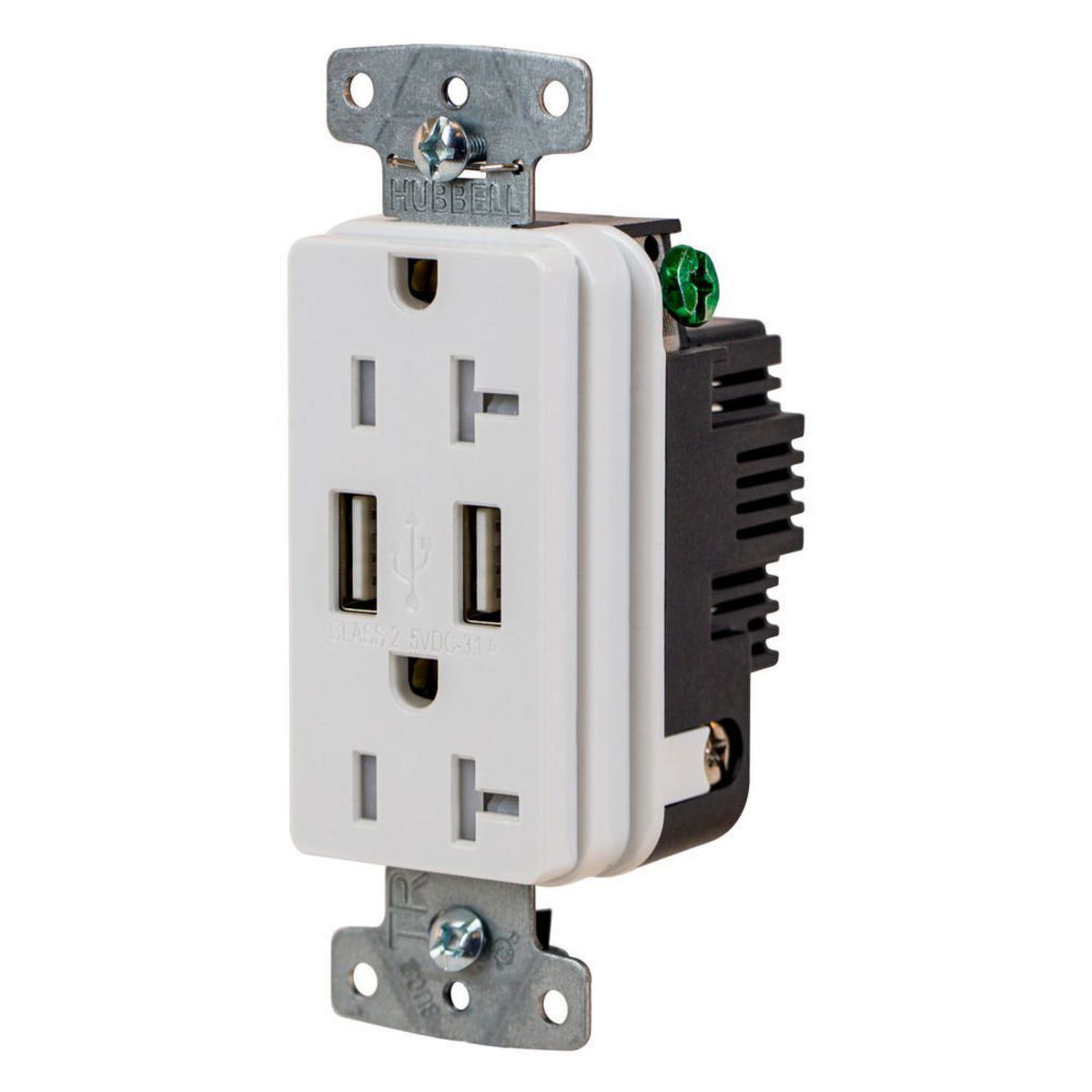 USB Charger Duplex Receptacle, 20A 125V,2-Pole 3-Wire Grounding, 5-20R, 2) 3.1 A USB Ports, White.
