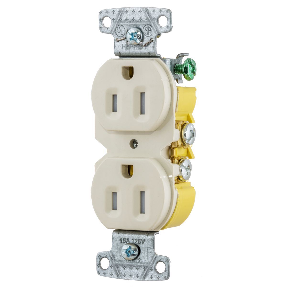 TAMPER RESISTANT DUP RECEPT 15A 125V SELF- GRD LIGHT ALMOND BACK AND SIDE WIRE, XCLAMP