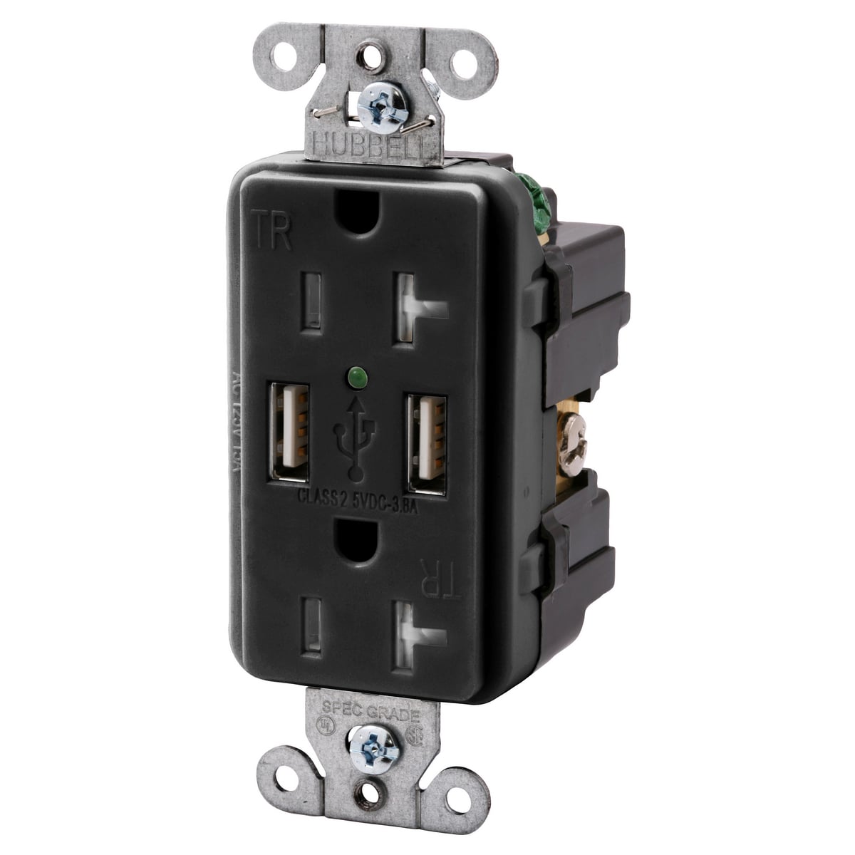 Straight Blade Devices, Receptacles, Duplex, Dual USB Type 2.0 ports 3.8 Amp, 5 Volt DC, 20A 125V, 2-Pole 3-Wire Grounding, 5-20R, Black