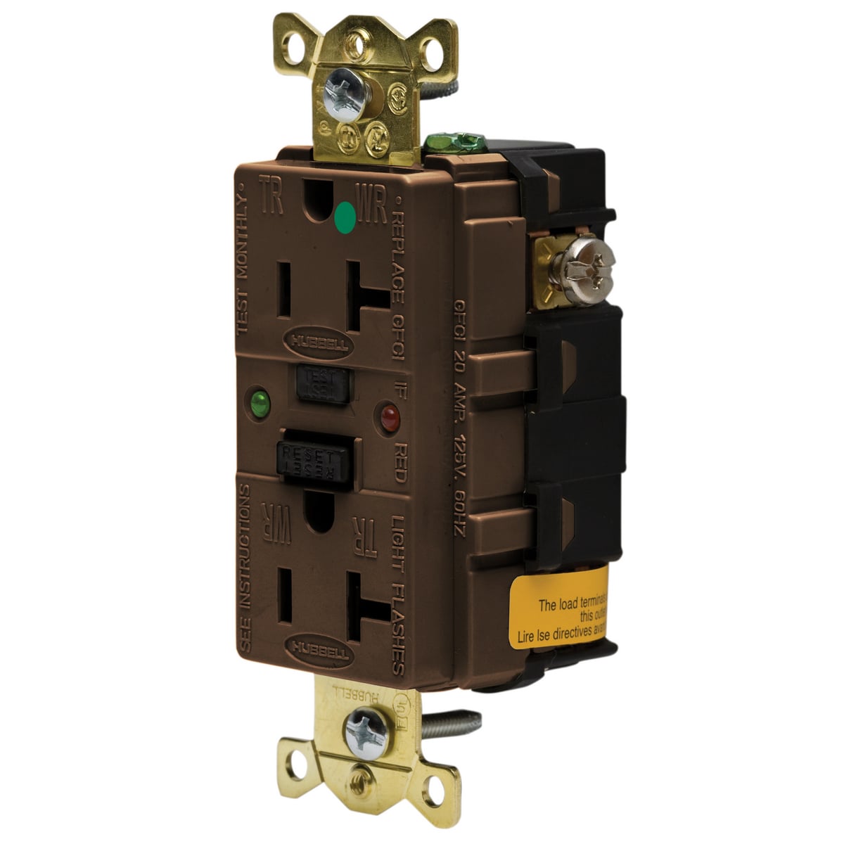 Hubbell Wiring Device, Power Protection Products, Receptacle, GFCI, Safety Grade Commercial Hospital Grade, Self Test, LED Indicator, 20A 125V, 2-Pole 3-Wire Grounding, 5-20R, Brown