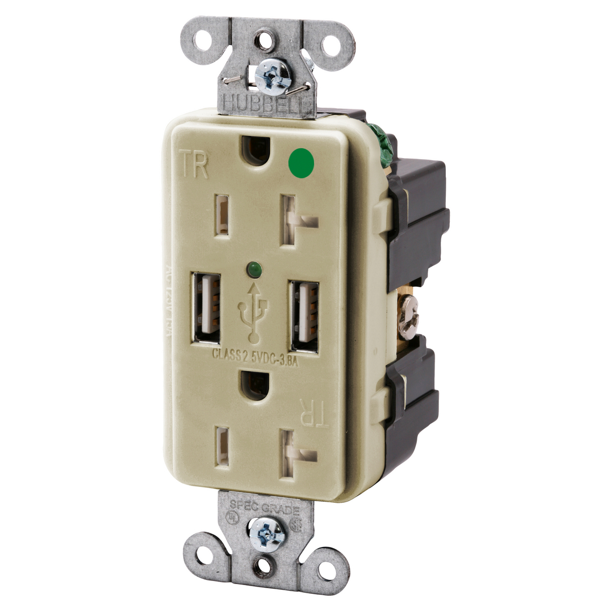 Straight Blade Devices, Decorator Duplex Receptacle, Two 3.8 Amp 5V Type 2.0 USB Ports (DC), Hospital Grade, 20A 125V, 2-Pole 3- Wire Grounding, 5-20R, Black