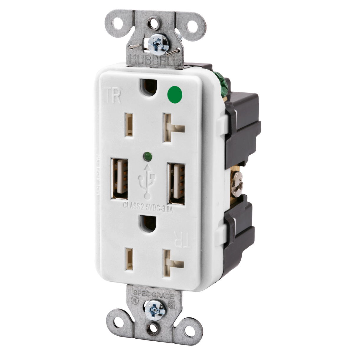Straight Blade Devices, Decorator Duplex Receptacle, Two 3.8 Amp 5V Type 2.0 USB Ports (DC), Hospital Grade, 20A 125V, 2-Pole 3- Wire Grounding, 5-20R, Black