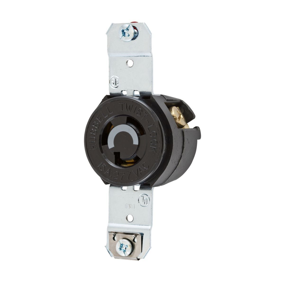 Locking Devices, Twist-Lock, Industrial, Single Flush Receptacle, 15A 277V AC, 2-Pole 3-Wire Grounding, NEMA L7-15R, Screw Terminal, Black Nylon face.